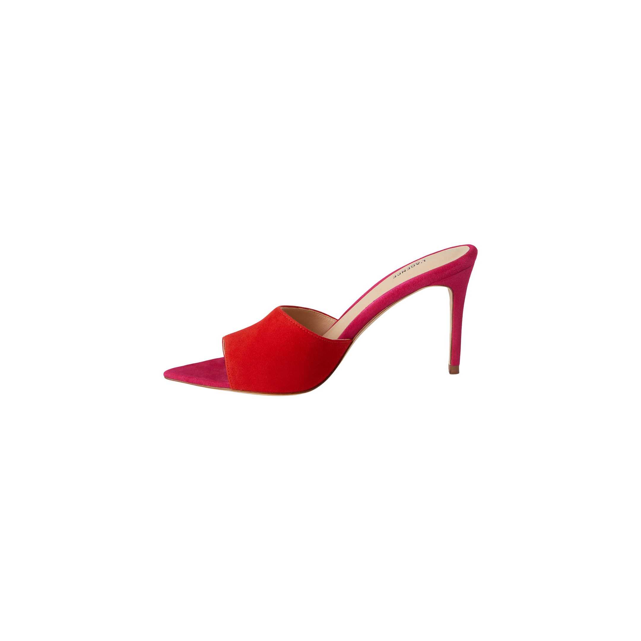 A single Lolita Suede Open-Toe Mule with a pointed toe, displaying a bold pink stiletto heel and a red front strap, is shown against a white background.
