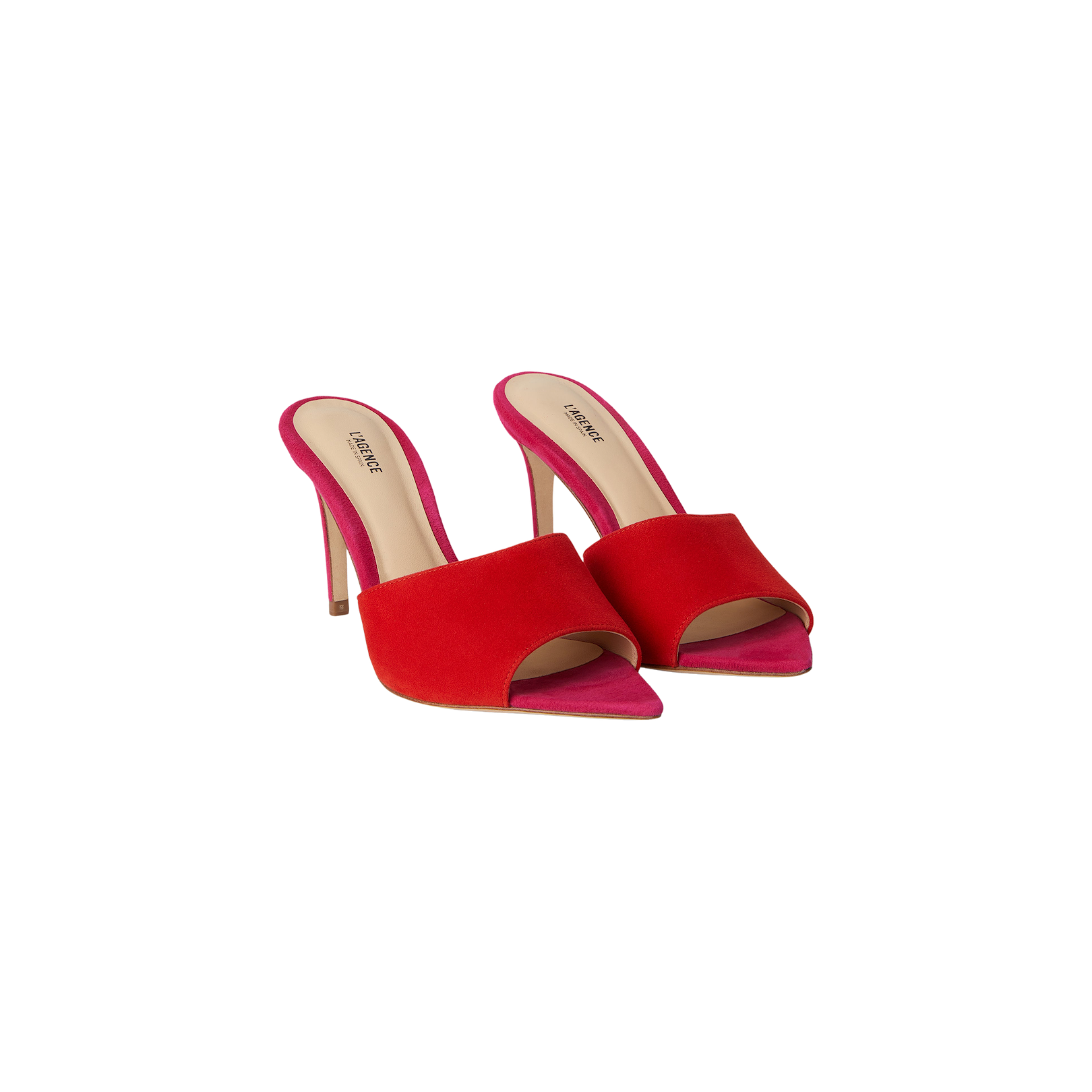 A pair of Lolita Suede Open-Toe Mules featuring high stiletto heels, pink insoles, and vibrant red suede open-toe uppers, displayed on a plain white background.