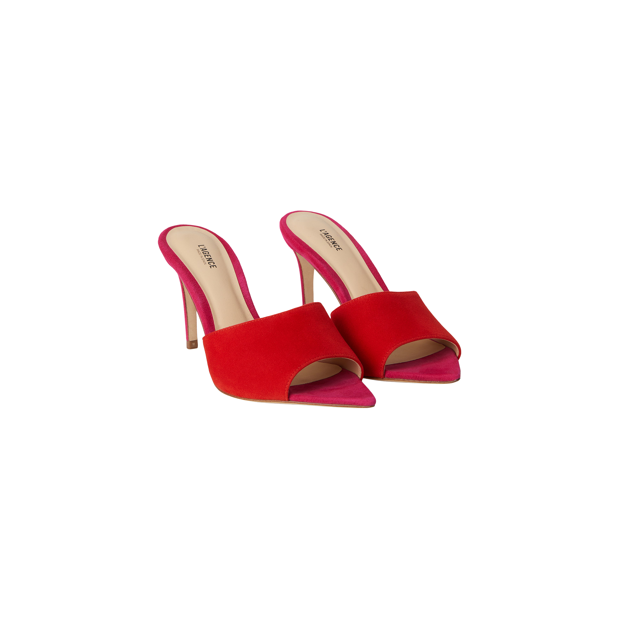 A pair of Lolita Suede Open-Toe Mules with stiletto heels, showcasing pink insoles and heels, and vibrant red open-toe suede uppers, set against a white background.