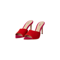A pair of Lolita Suede Open-Toe Mules with red suede uppers, pink stiletto heels, an open-toe and slip-on design, displayed against a plain white background.