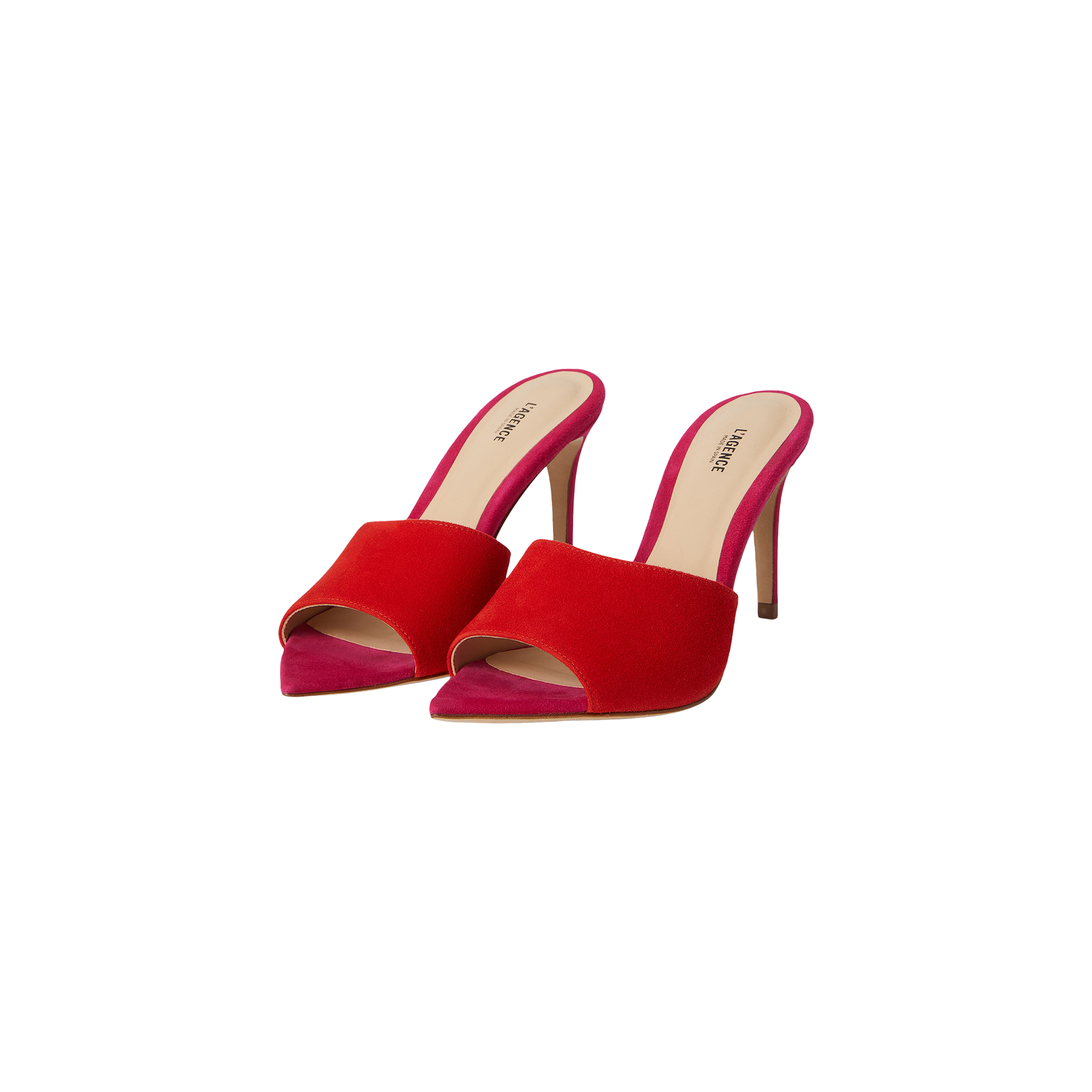 A pair of Lolita Suede Open-Toe Mules with red suede uppers, pink stiletto heels, an open-toe and slip-on design, displayed against a plain white background.