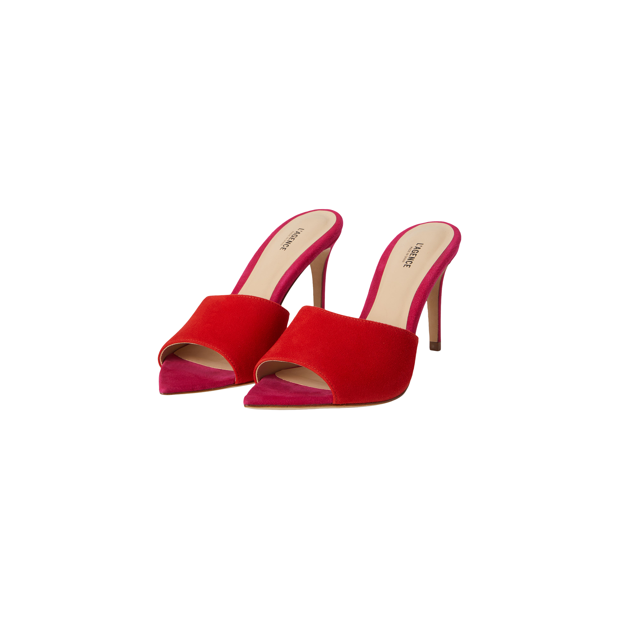 A pair of Lolita Suede Open-Toe Mules with red suede uppers, pink stiletto heels, an open-toe and slip-on design, displayed against a plain white background.