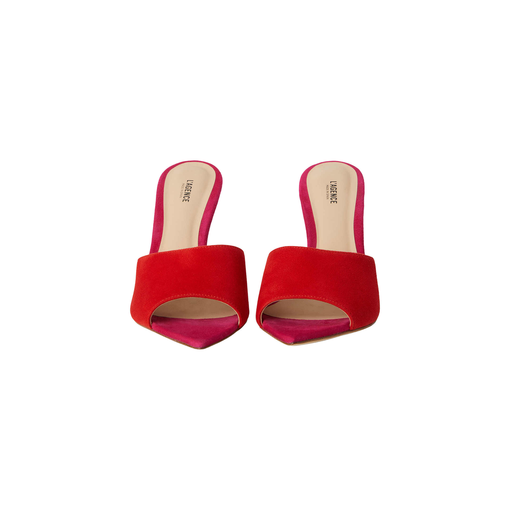 The Lolita Suede Open-Toe Mule features red and pink suede uppers, stiletto heels, and beige insoles, shown from above on a white background.