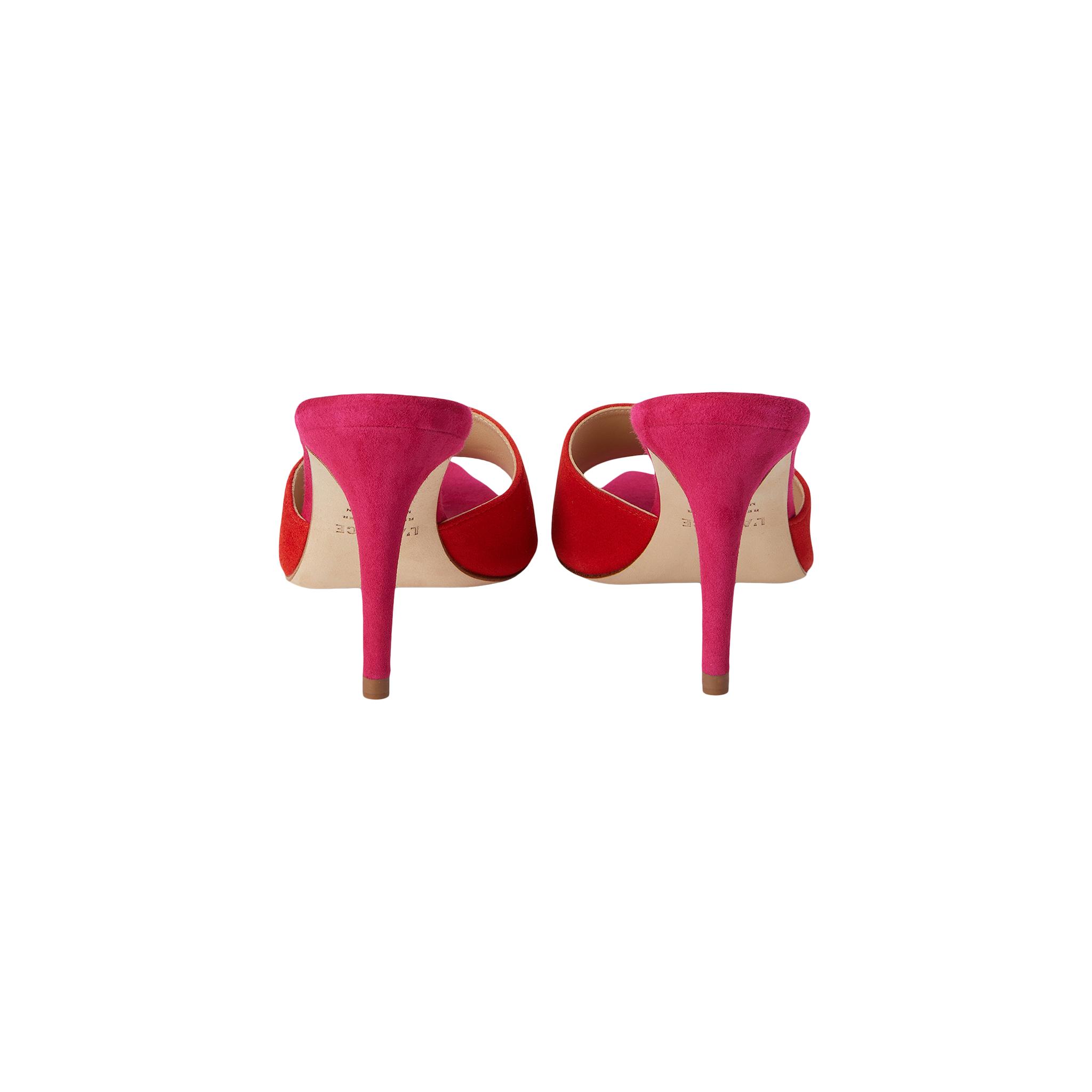 A pair of bright pink Lolita Suede Open-Toe Mules, featuring a stiletto heel and open-toe design, shown from the back against a plain white background.