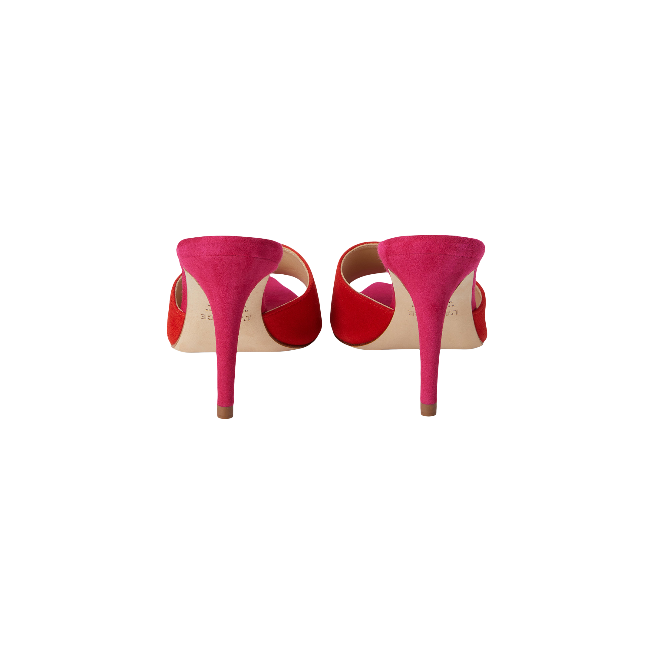 A pair of bright pink Lolita Suede Open-Toe Mules, featuring a stiletto heel and open-toe design, shown from the back against a plain white background.