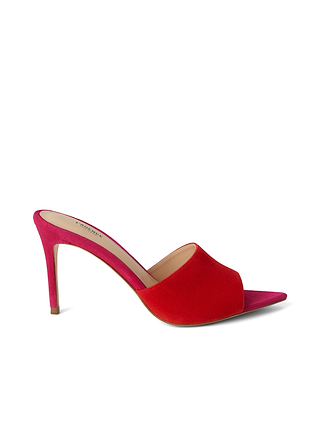 Introducing the Lolita Suede Open-Toe Mule: a high-heeled mule designed with a striking stiletto heel, an open toe, and a bold red suede upper. This elegant shoe features a sleek silhouette and a slightly curved footbed, all showcased against a plain white background.