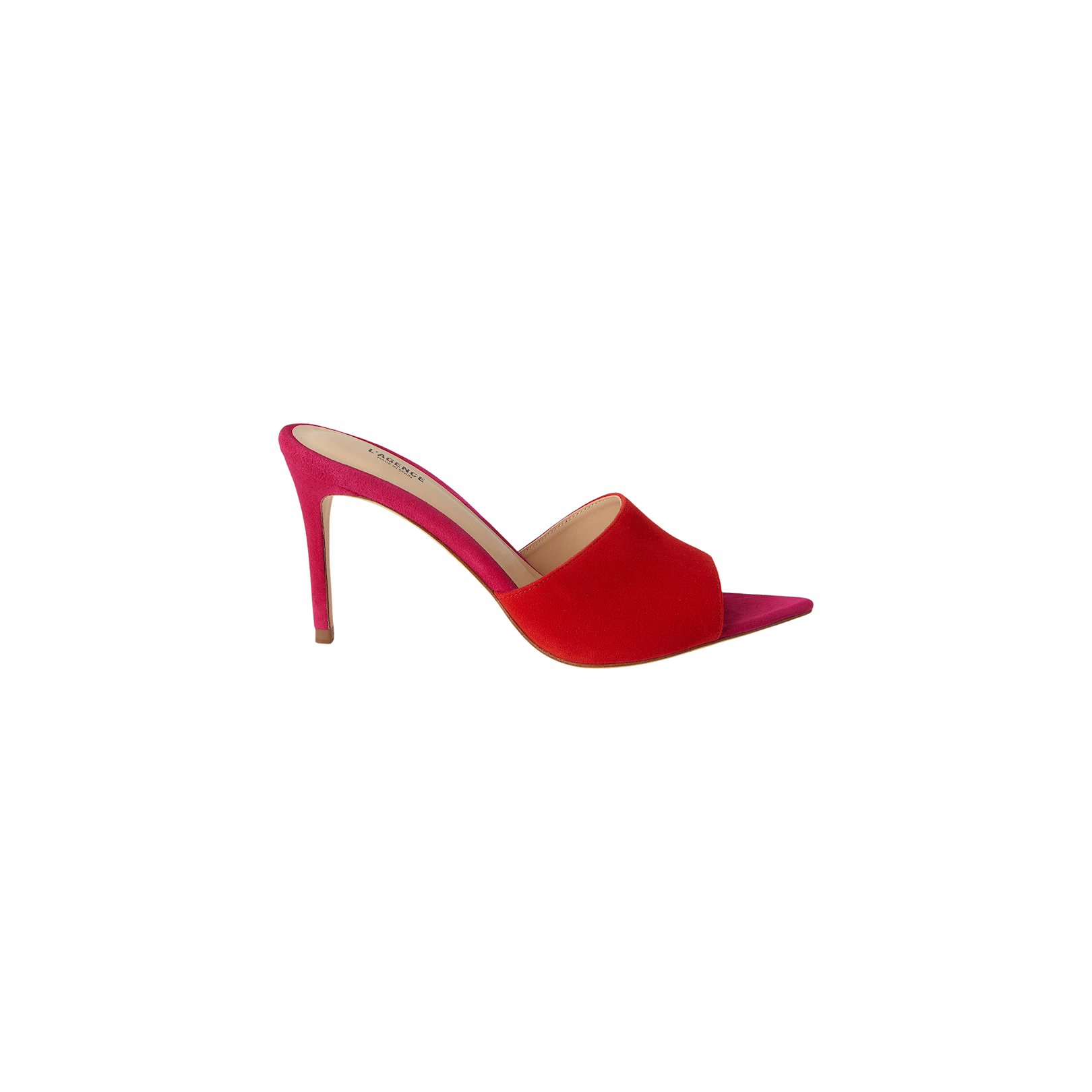 The Lolita Suede Open-Toe Mule is a chic shoe with a red open-toe design and pink stiletto heel, displayed against a plain white background.