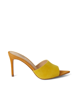 Lolita Suede Open-Toe Mule in yellow suede, featuring a soft suede upper, open toe, and a tan stiletto heel, shown in profile against a white background.