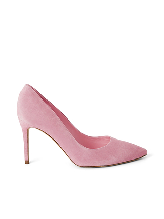 The Eloise Pump is elegantly displayed in profile on a white background, showcasing its pink suede construction, pointed-toe silhouette, and sleek stiletto heel.
