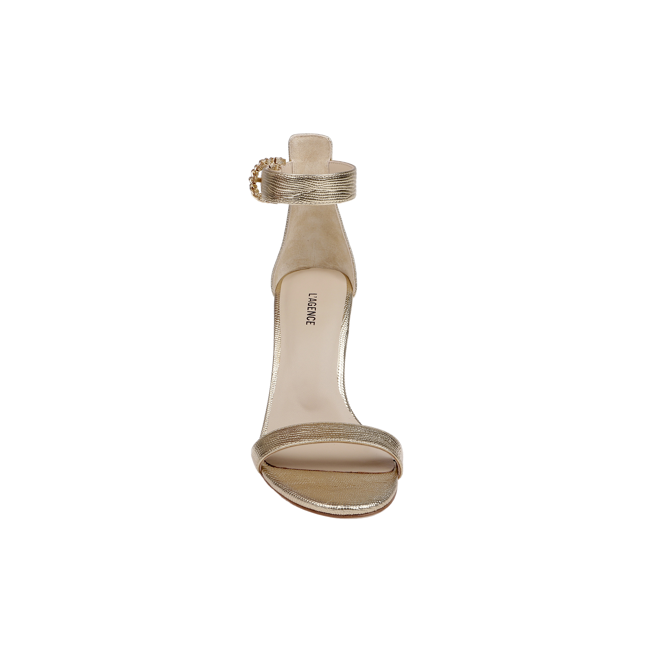 The Gisele Leather Sandal is a high-heeled, open-toe ankle-strap design crafted from lizard-embossed gold leather and shown from above against a plain white background.
