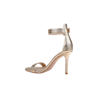 The Gisele Leather Sandal, crafted from gold lizard-embossed leather, features a slender stiletto heel and an elegant ankle strap, shown against a white background.