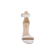 A front view of the Gisele Leather Sandal, a white ankle-strap design featuring serpentine scale texture on the toe strap and a buckled ankle strap. The tan insole is printed with VERSACE, set against a plain white background.