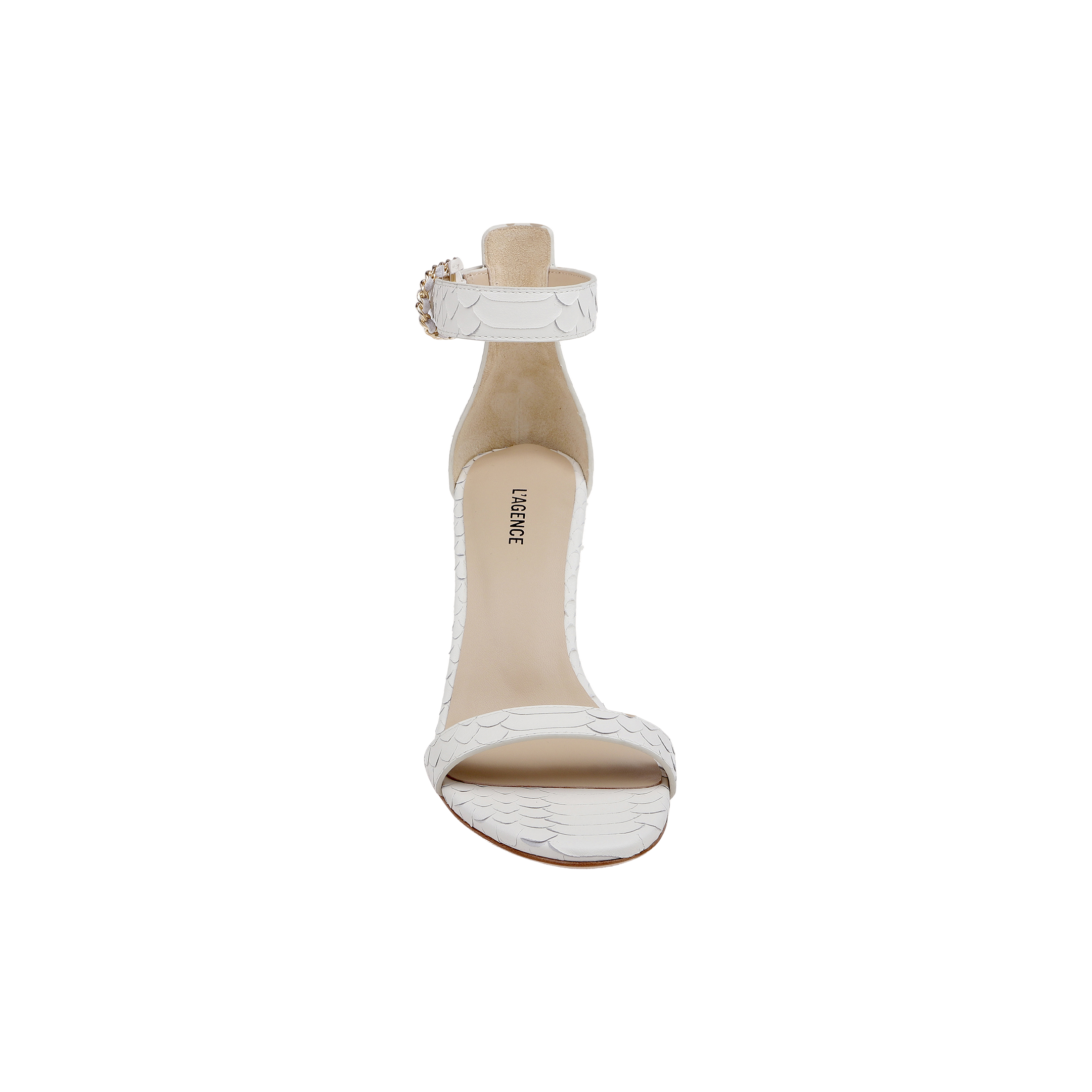A front view of the Gisele Leather Sandal, a white ankle-strap design featuring serpentine scale texture on the toe strap and a buckled ankle strap. The tan insole is printed with VERSACE, set against a plain white background.