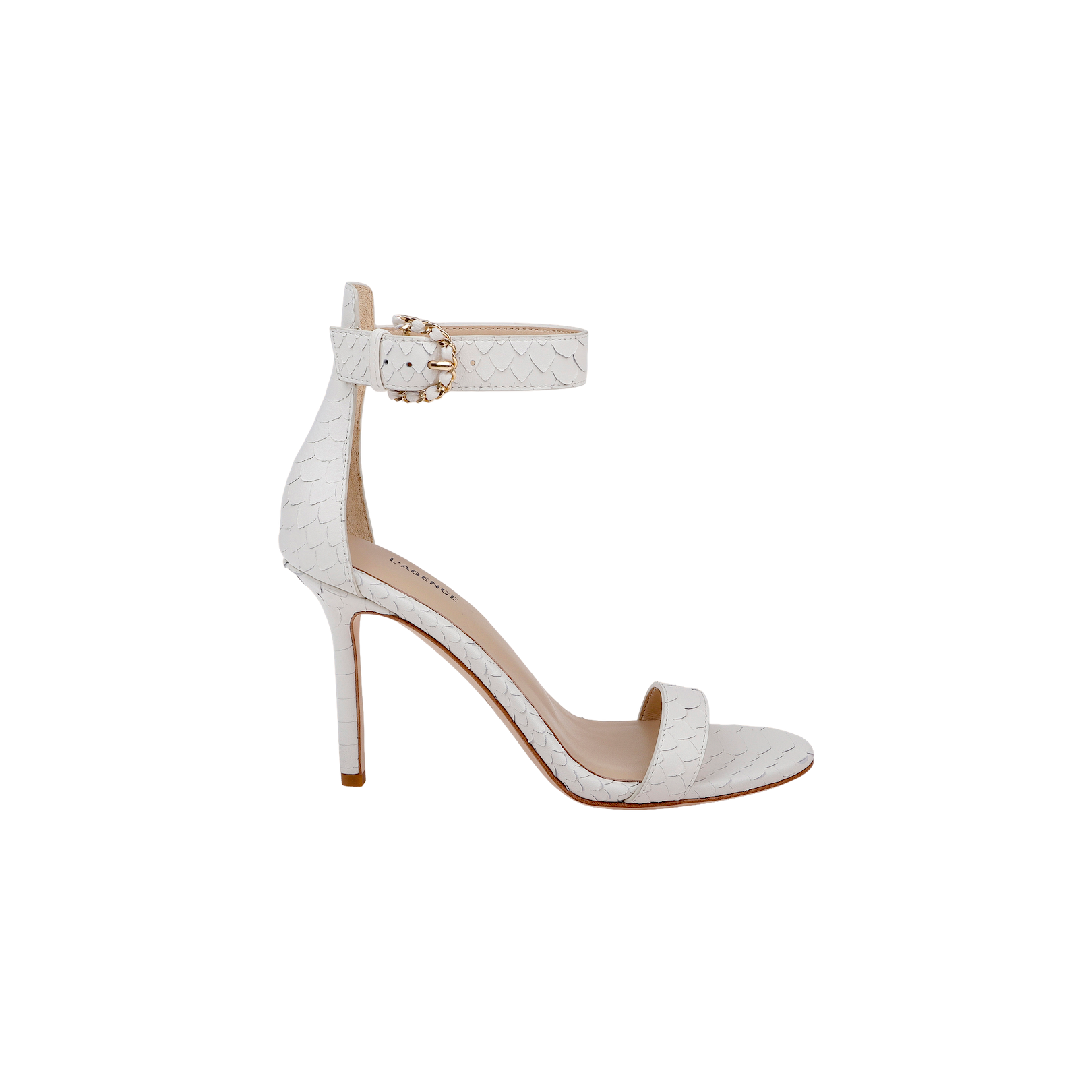 Gisele Leather Sandal: A white ankle-strap sandal with a buckle, showcasing elegant serpentine-scale detailing on the straps and heel, displayed on a plain white background.