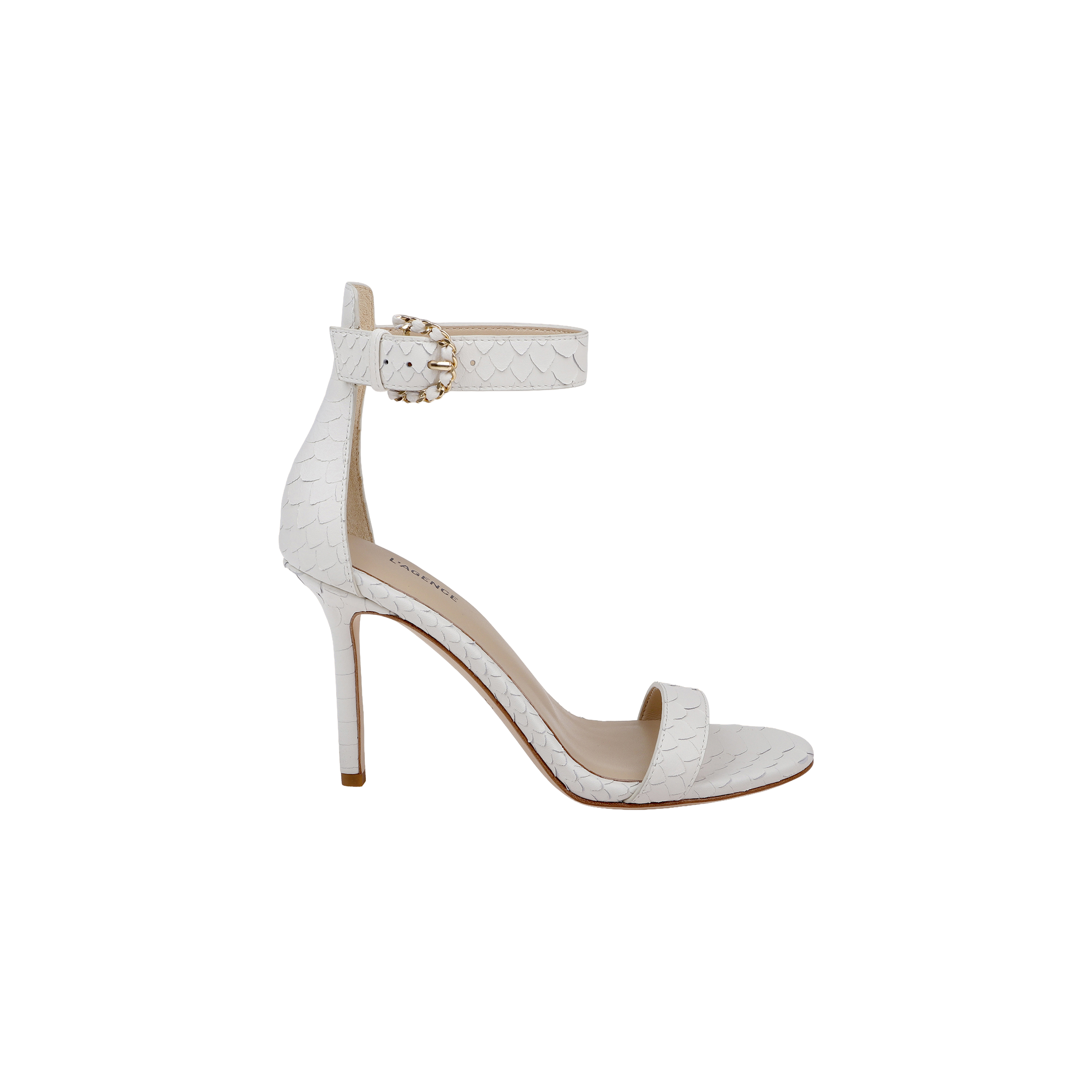 Gisele Leather Sandal: A white ankle-strap sandal with a buckle, showcasing elegant serpentine-scale detailing on the straps and heel, displayed on a plain white background.
