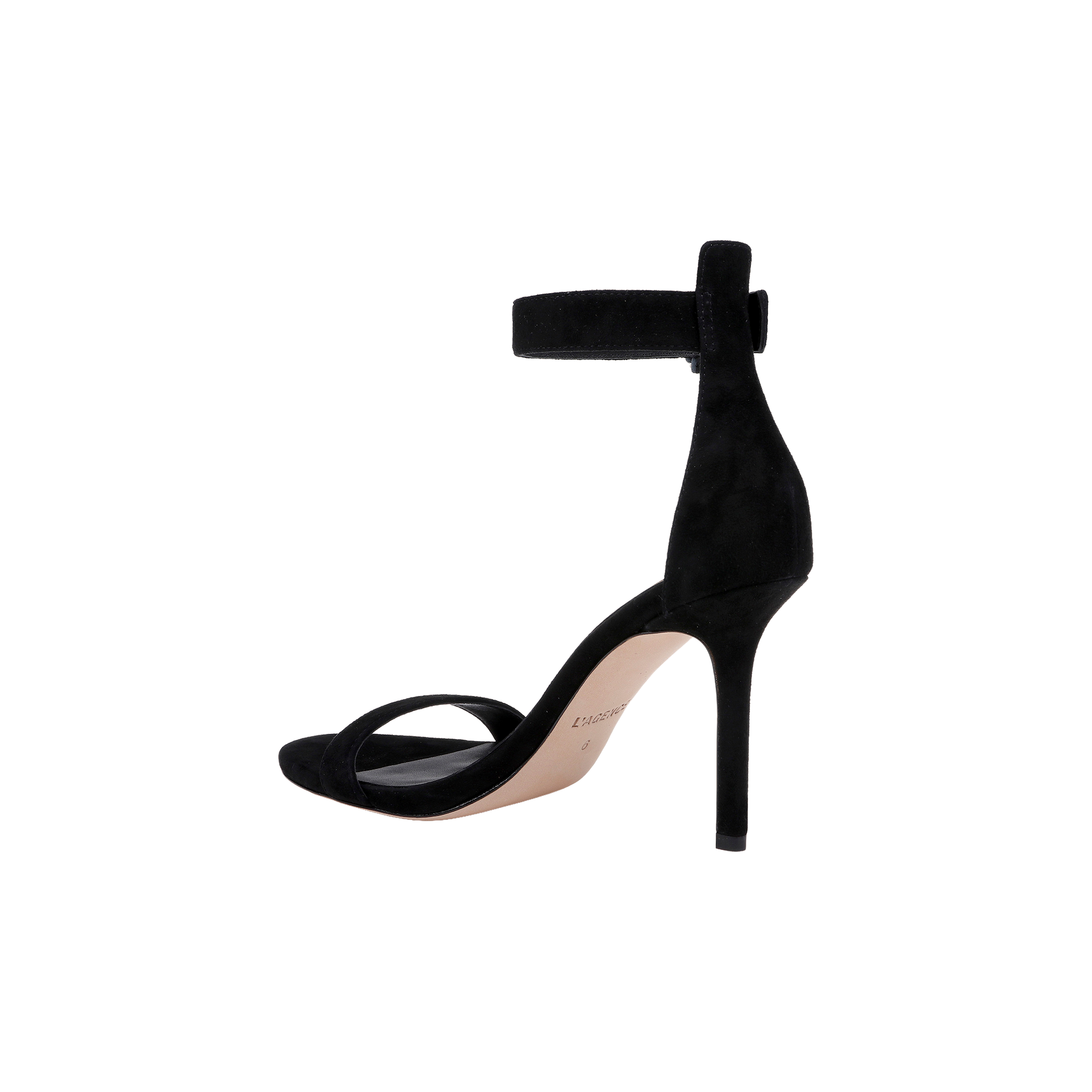The Gisele Suede Sandal, a black ankle-strap design featuring a high heel and open toe, is displayed in a side profile against a plain white background.