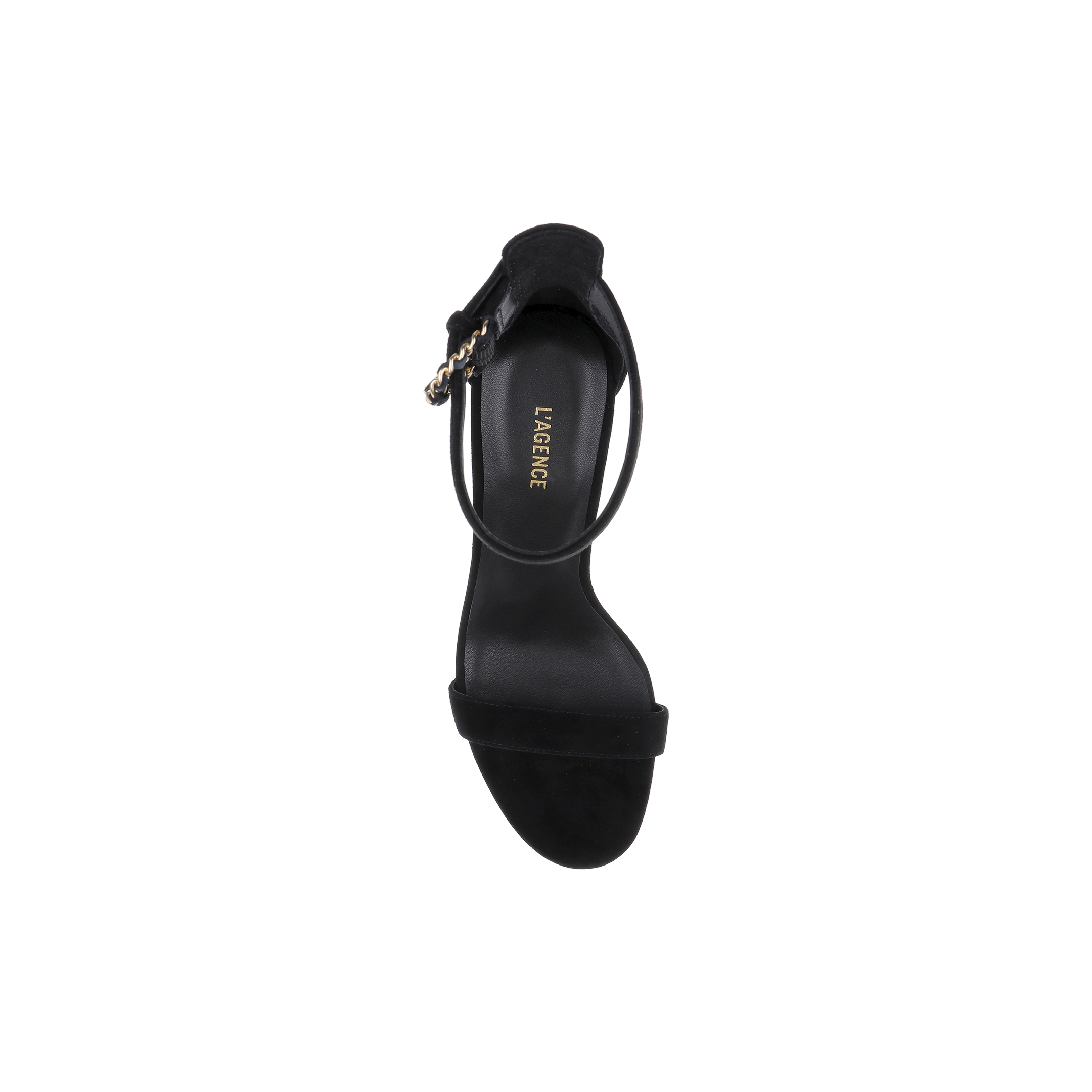 Top view of a single Gisele Suede Sandal in black with an ankle strap and gold buckle, featuring the brand name LAURENCE printed in gold on the insole, set against a white background.