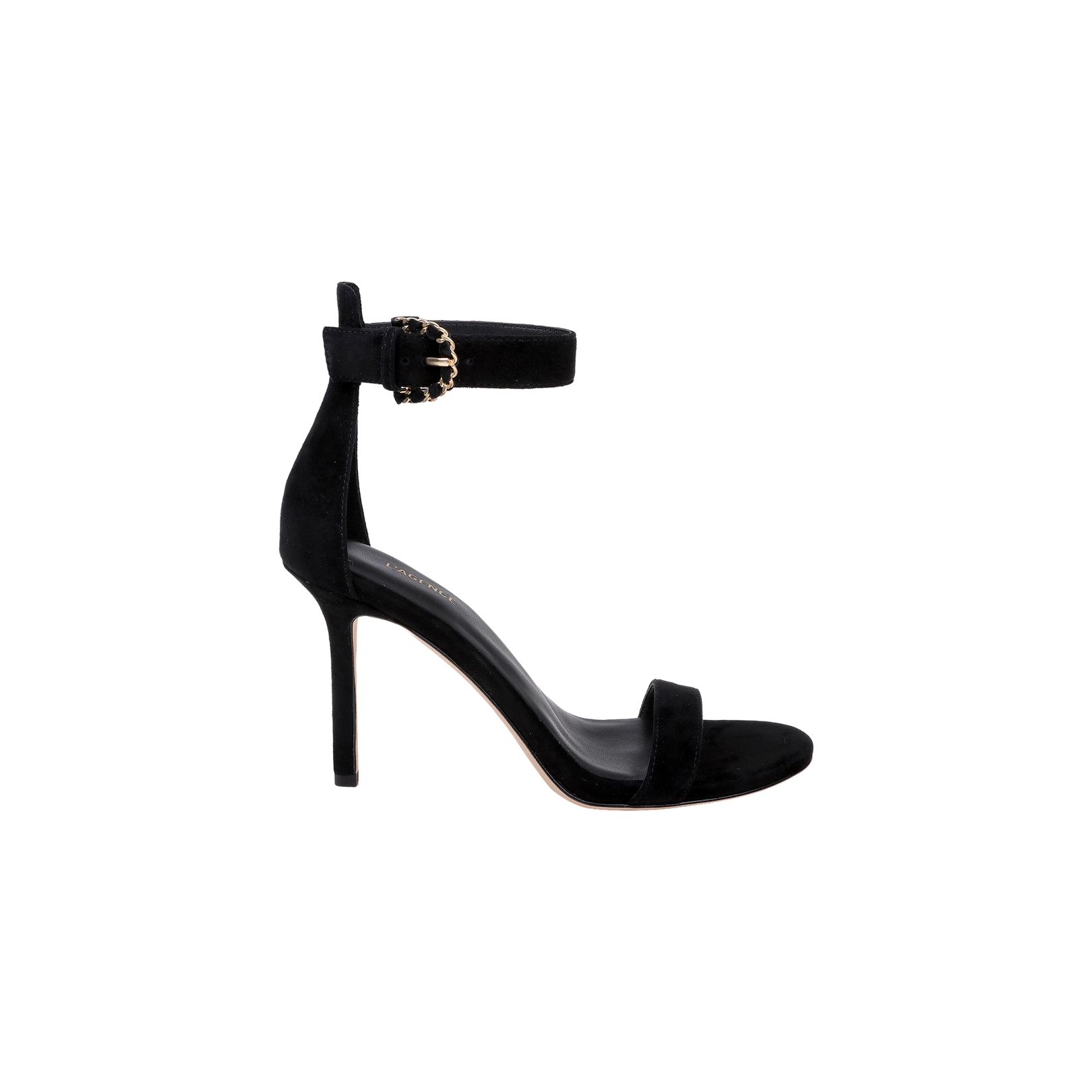 The Gisele Suede Sandal is a black ankle-strap sandal crafted from suede, showcasing a gold buckle, an open toe, and a fashionable stiletto heel, presented against a plain white background.
