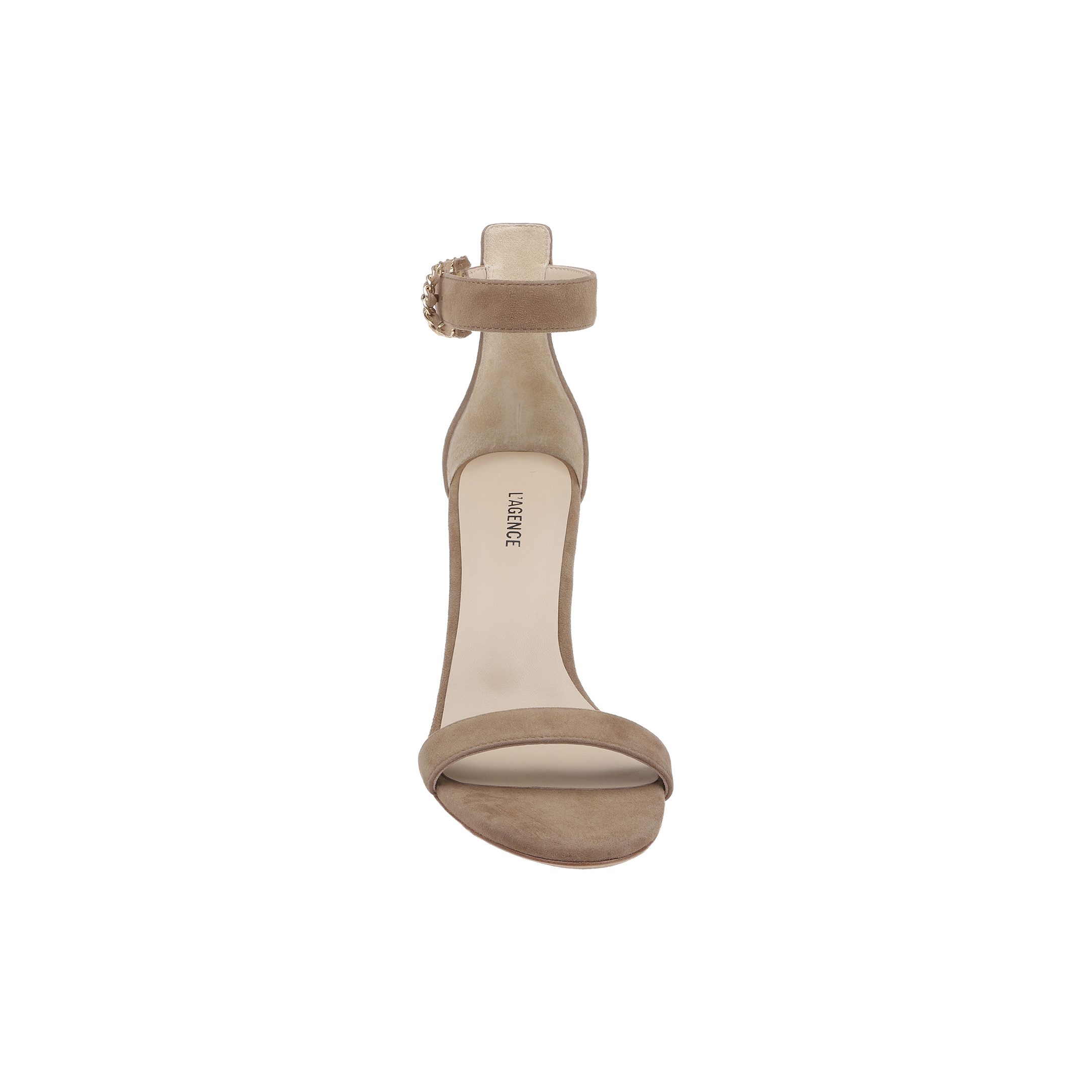Front view of the Gisele Suede Sandal in coffee brown, featuring an ankle strap and open toe, displayed on a white background.