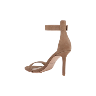 The Gisele Suede Sandal in coffee brown features a high heel, an ankle strap, and an open toe, shown from the side against a plain white background.