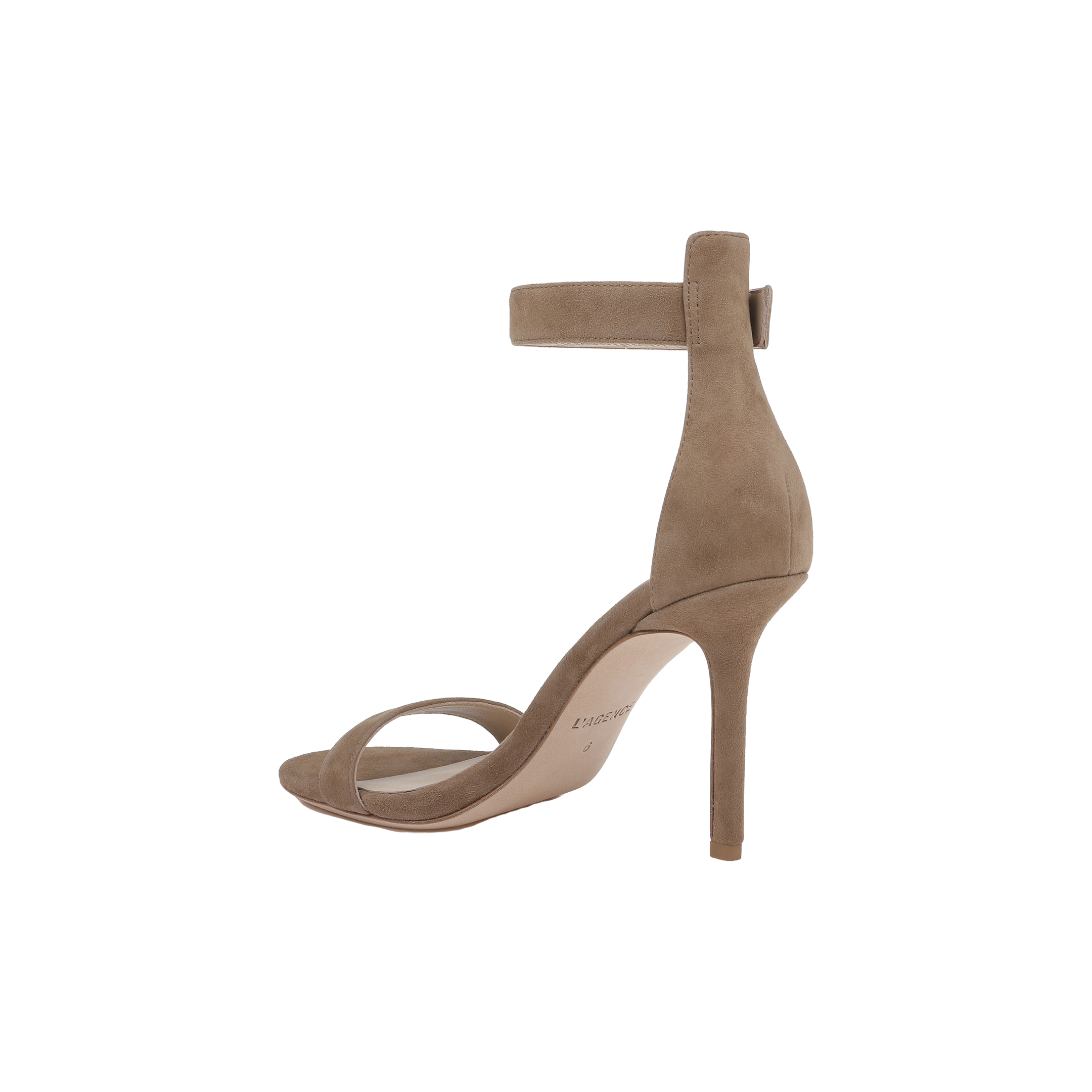 The Gisele Suede Sandal in coffee brown features suede construction, a high heel, an ankle strap, and a toe band, displayed in side profile against a plain white background.