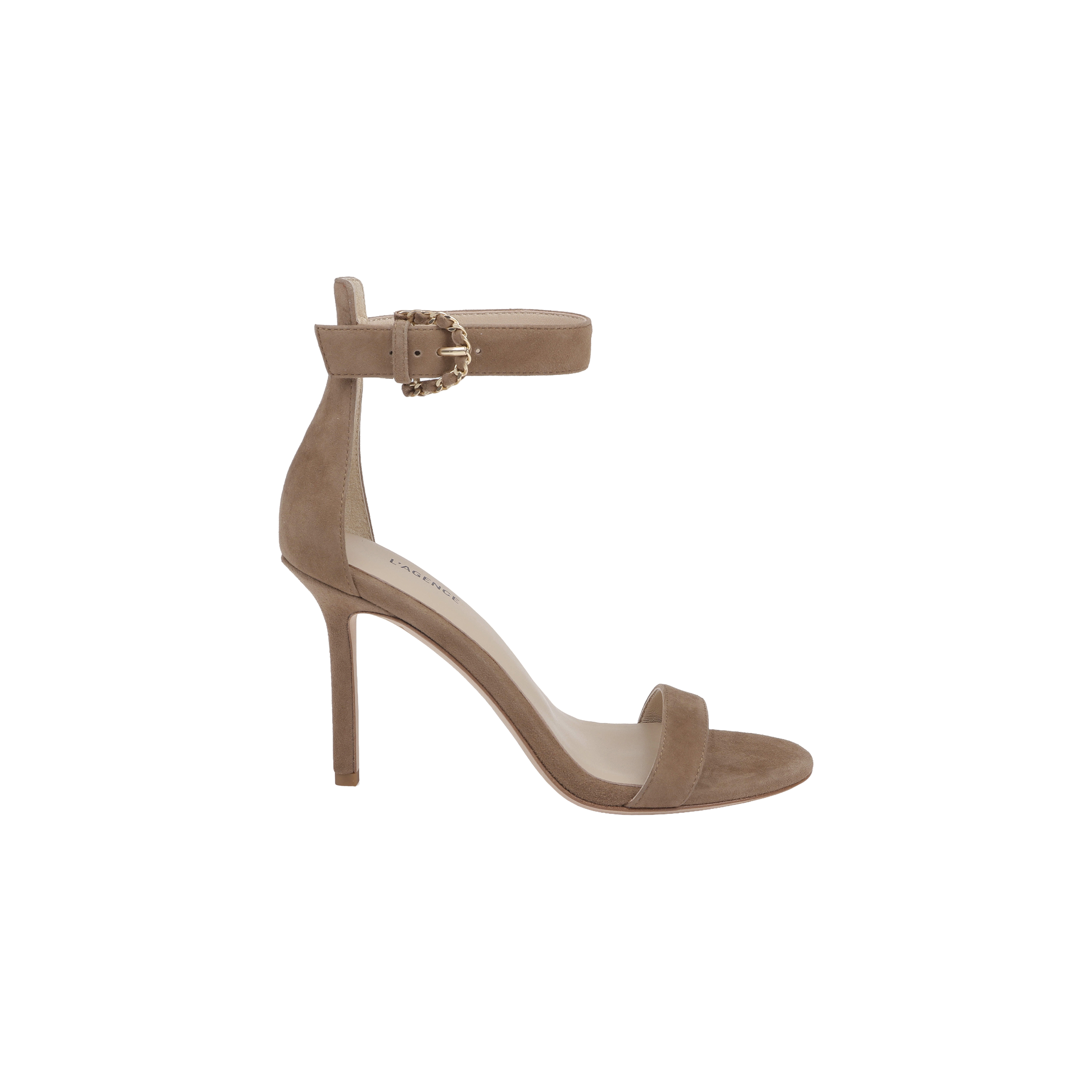 The Gisele Suede Sandal, shown in coffee brown suede with a thin ankle strap, gold buckle, and single toe strap, is displayed in side profile against a plain white background.