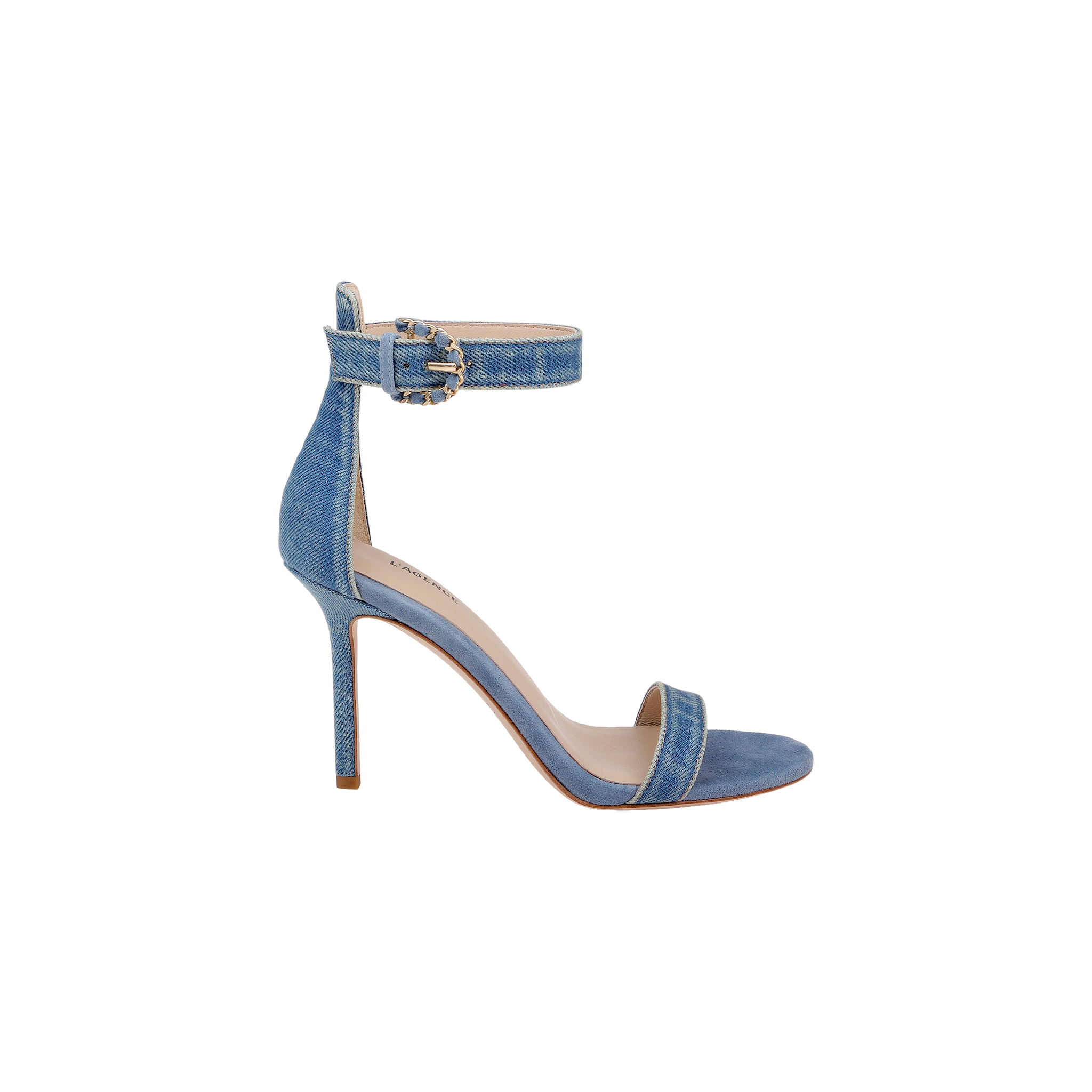 Gisele Denim Sandal featuring a blue denim upper, ankle strap with buckle, and open toe, shown in side profile against a white background.