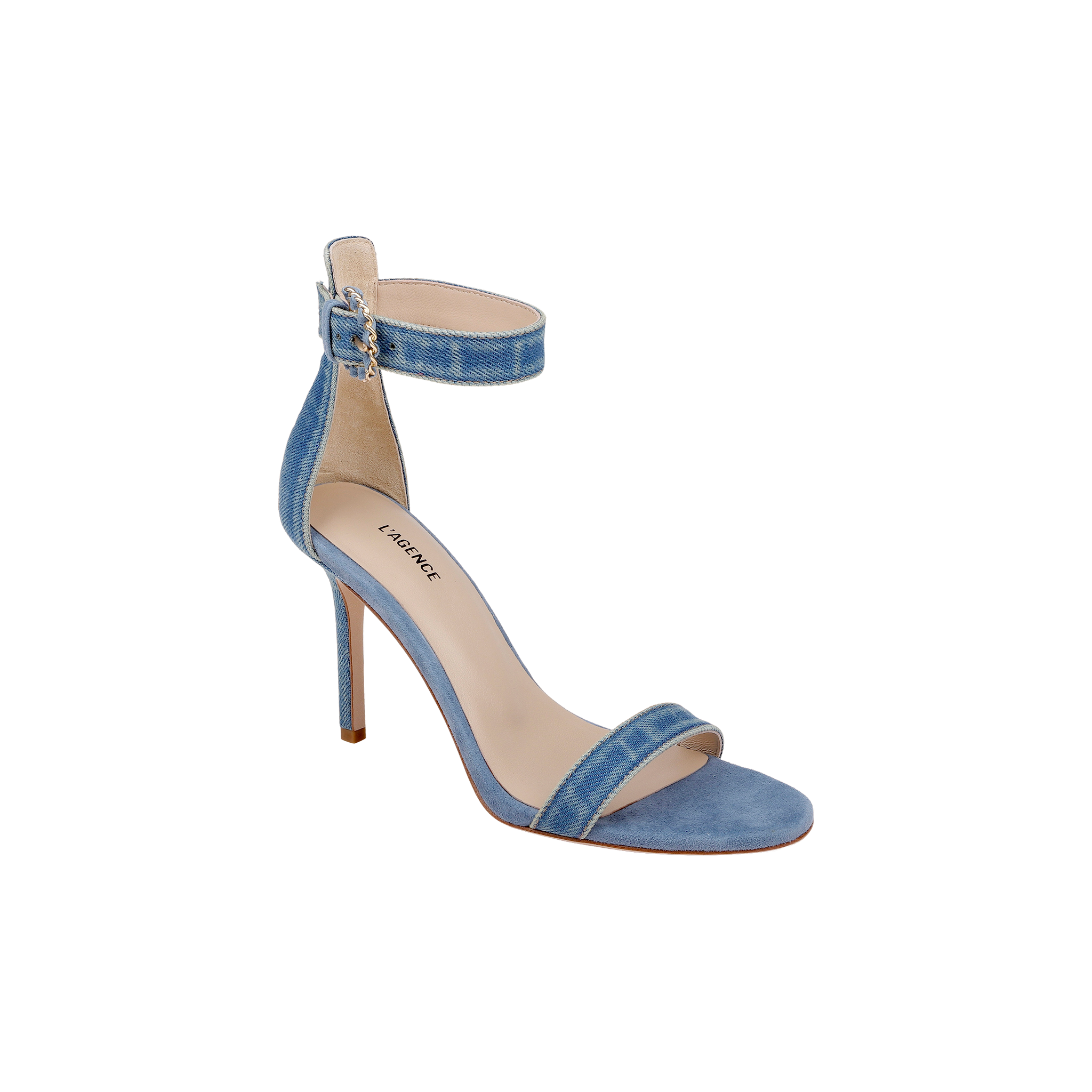 The Gisele Denim Sandal is a single ankle-strap sandal in blue denim, featuring a denim upper, open toe, sleek ankle strap with buckle, and a slim stiletto heel, displayed on a white background.