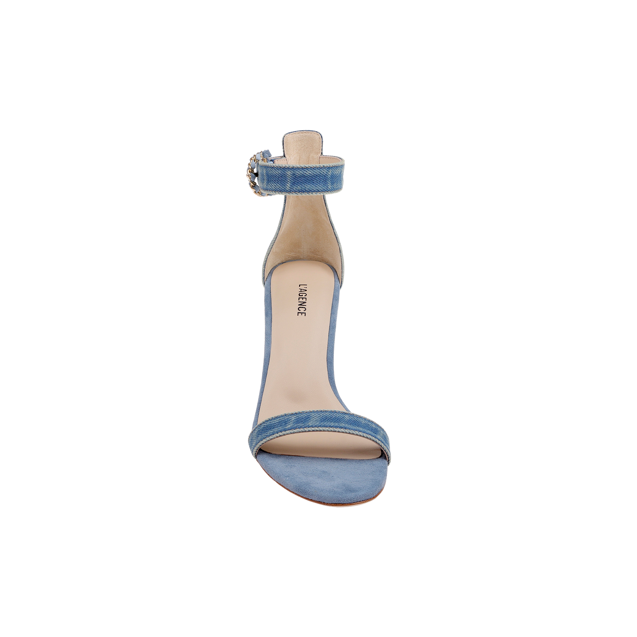 The Gisele Denim Sandal features a blue denim upper with an ankle strap and buckle, a high heel, and an open toe, shown from the front against a plain white background.