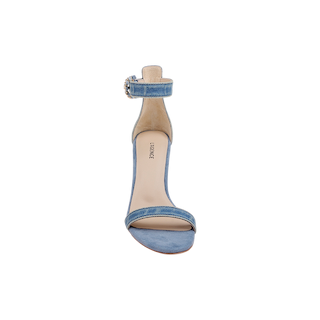 Front view of the Gisele Denim Sandal, a blue denim heeled sandal with an open toe, ankle strap, and buckle, displayed on a plain white background.
