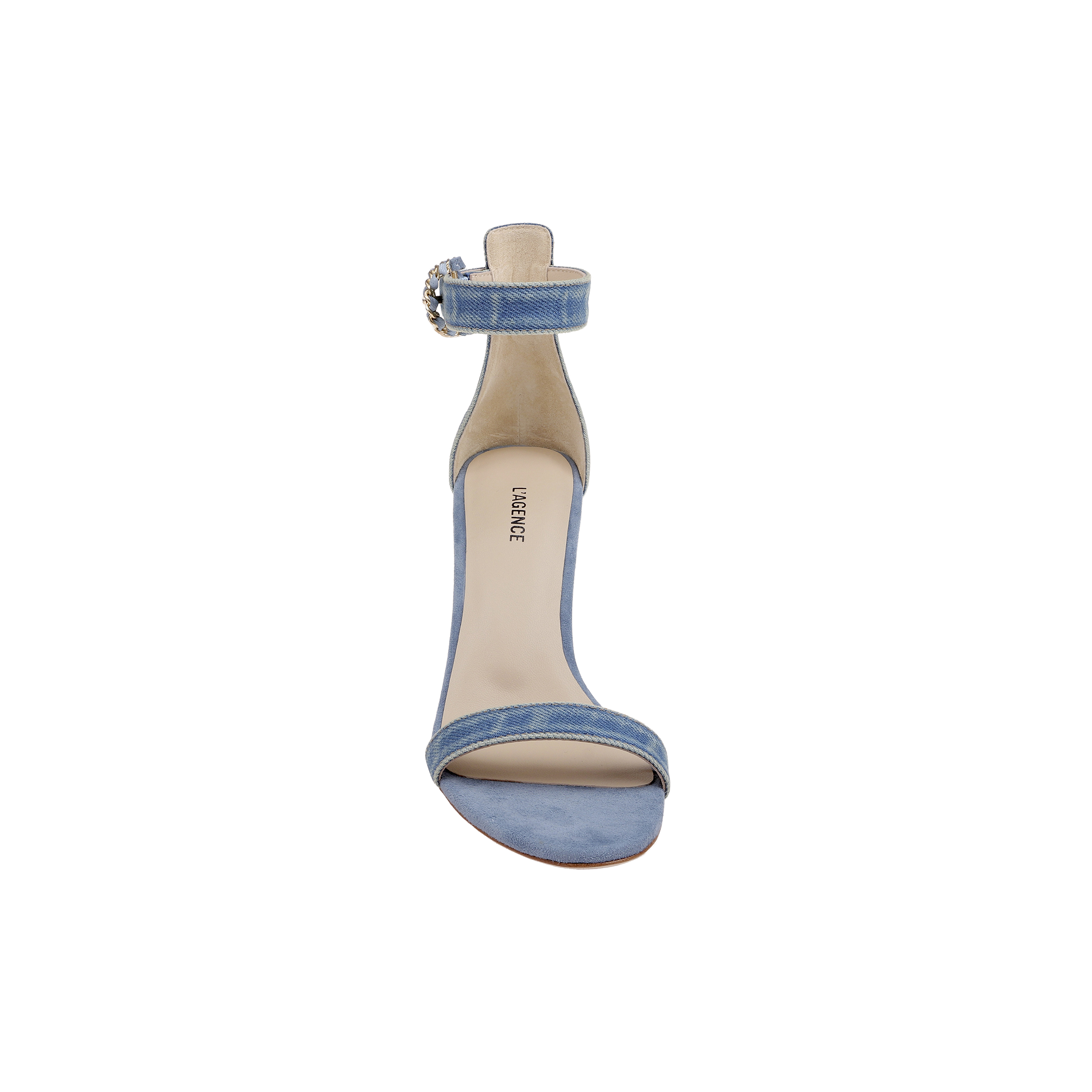 The Gisele Denim Sandal features a blue denim upper with an ankle strap and buckle, a high heel, and an open toe, shown from the front against a plain white background.
