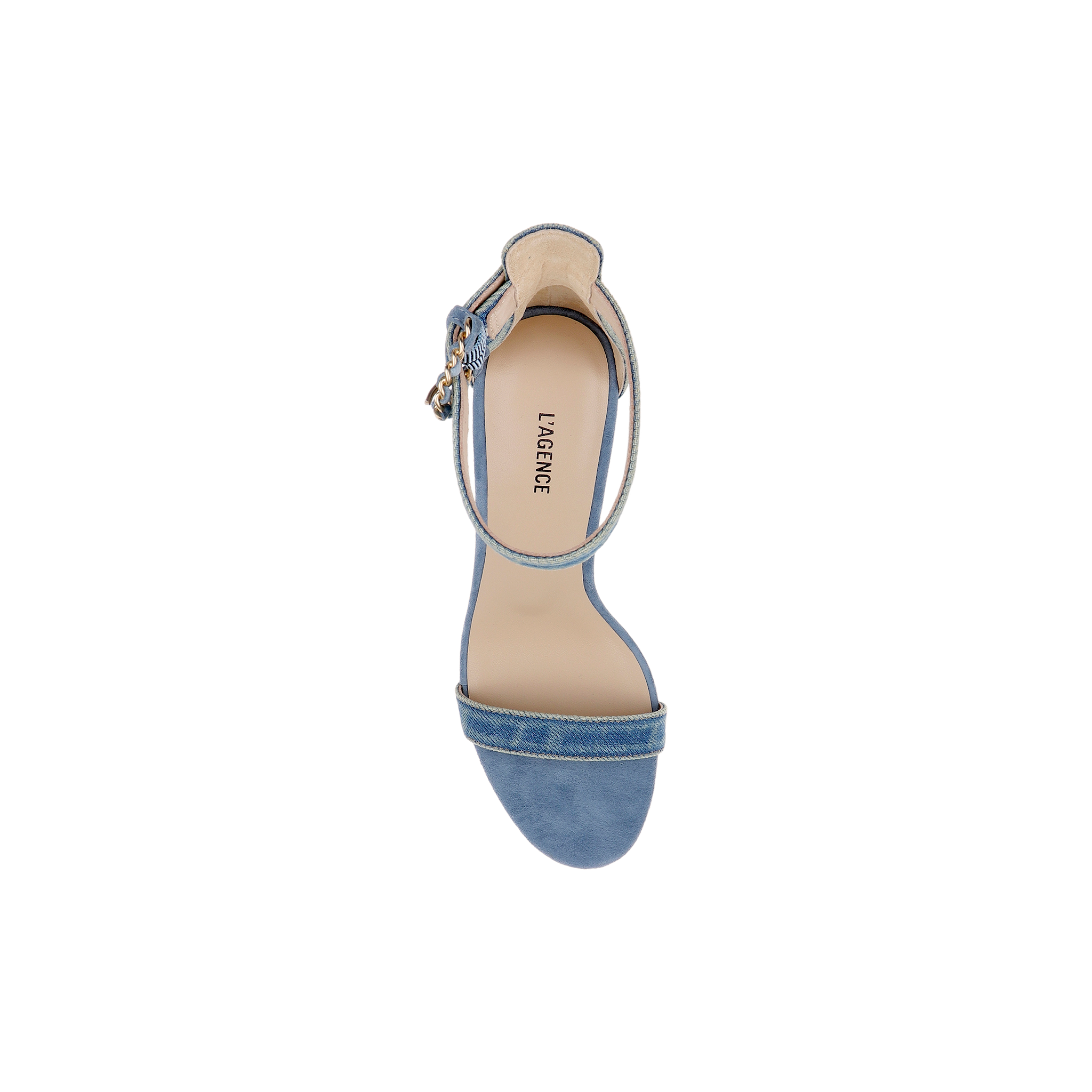A top view of the Gisele Denim Sandal, featuring light blue suede with a single front strap and an ankle strap fastened by a small buckle. The beige insole is labeled LAGENCE, and the sandal is displayed against a white background.