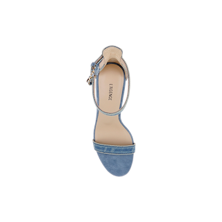 Top view of a single Gisele Denim Sandal in blue suede with an ankle strap and a beige insole on a plain white background. The insole features the brand name LAGENCE printed on it.