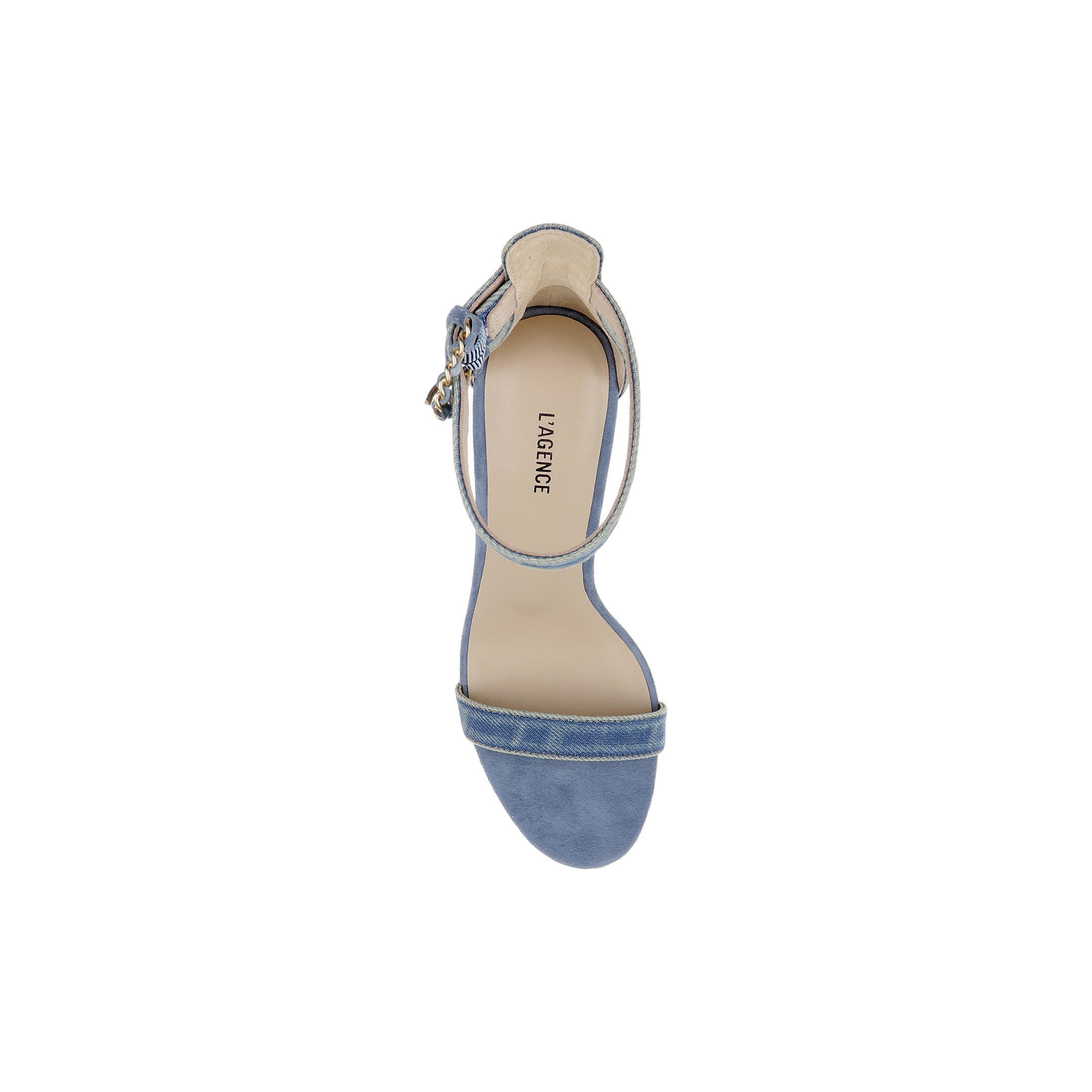 A top view of the Gisele Denim Sandal, featuring light blue suede with a single front strap and an ankle strap fastened by a small buckle. The beige insole is labeled LAGENCE, and the sandal is displayed against a white background.
