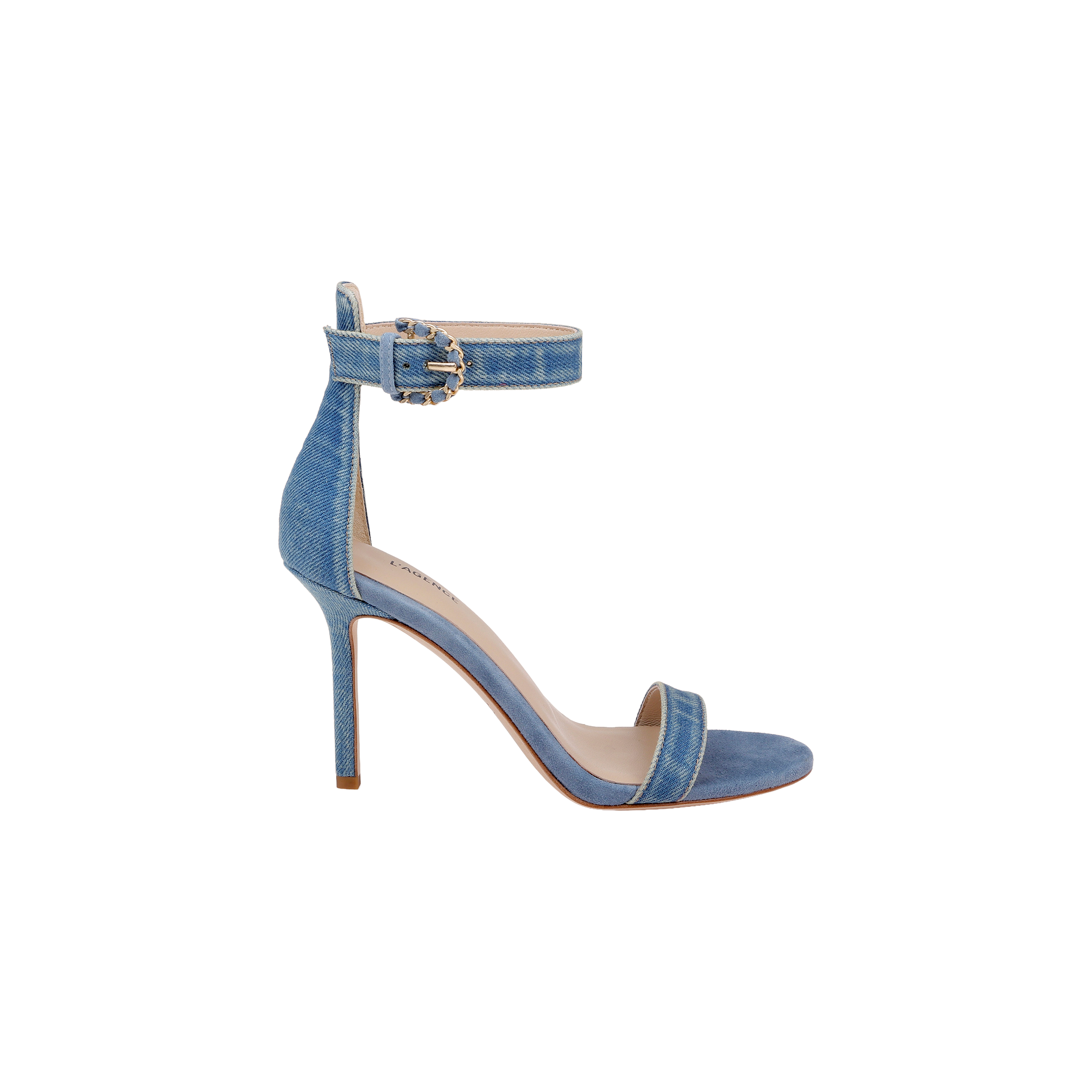 The Gisele Denim Sandal features a denim upper with an ankle strap, a buckle closure, and an open toe. Shown in side profile on a plain white background, this high-heeled sandal combines classic style with modern elegance.
