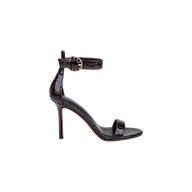 The Gisele Leather Sandal is a black high-heeled ankle-strap sandal made from crocodile embossed leather, showcasing a decorative gold buckle at the ankle and a single front strap. It is displayed on a plain white background.