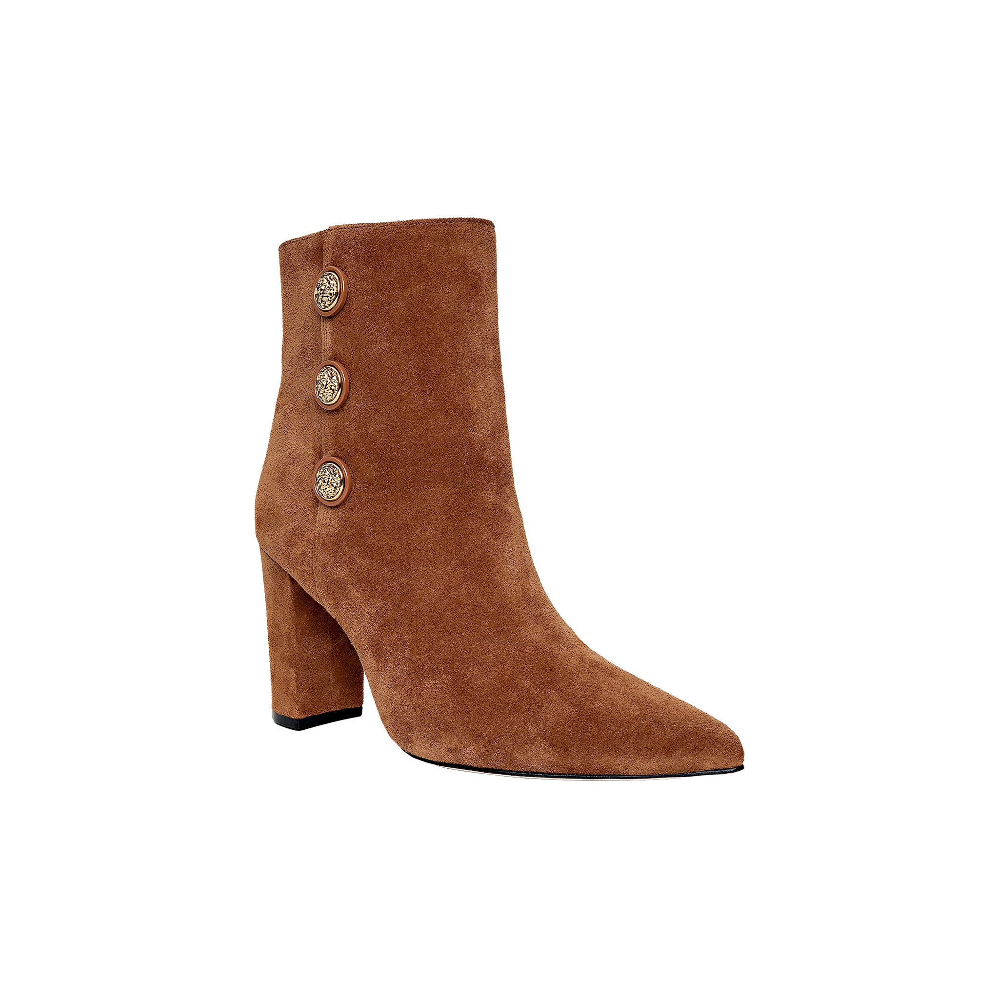 A brown buckskin suede “Theodora Block-Heel Bootie” featuring a pointed toe, chunky block heel, and three decorative gold buttons along the side, photographed against a plain white background.