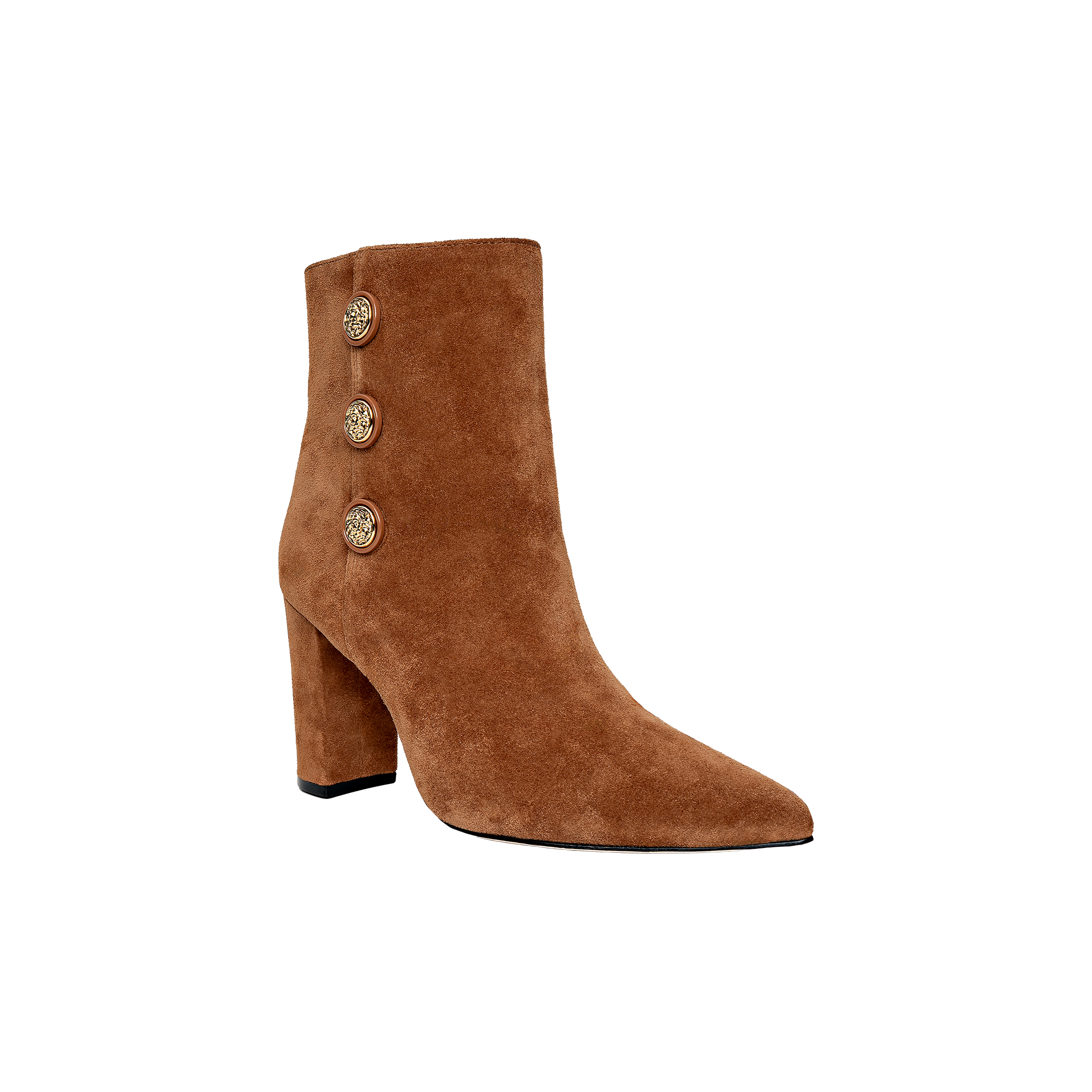 A brown buckskin suede “Theodora Block-Heel Bootie” featuring a pointed toe, chunky block heel, and three decorative gold buttons along the side, photographed against a plain white background.