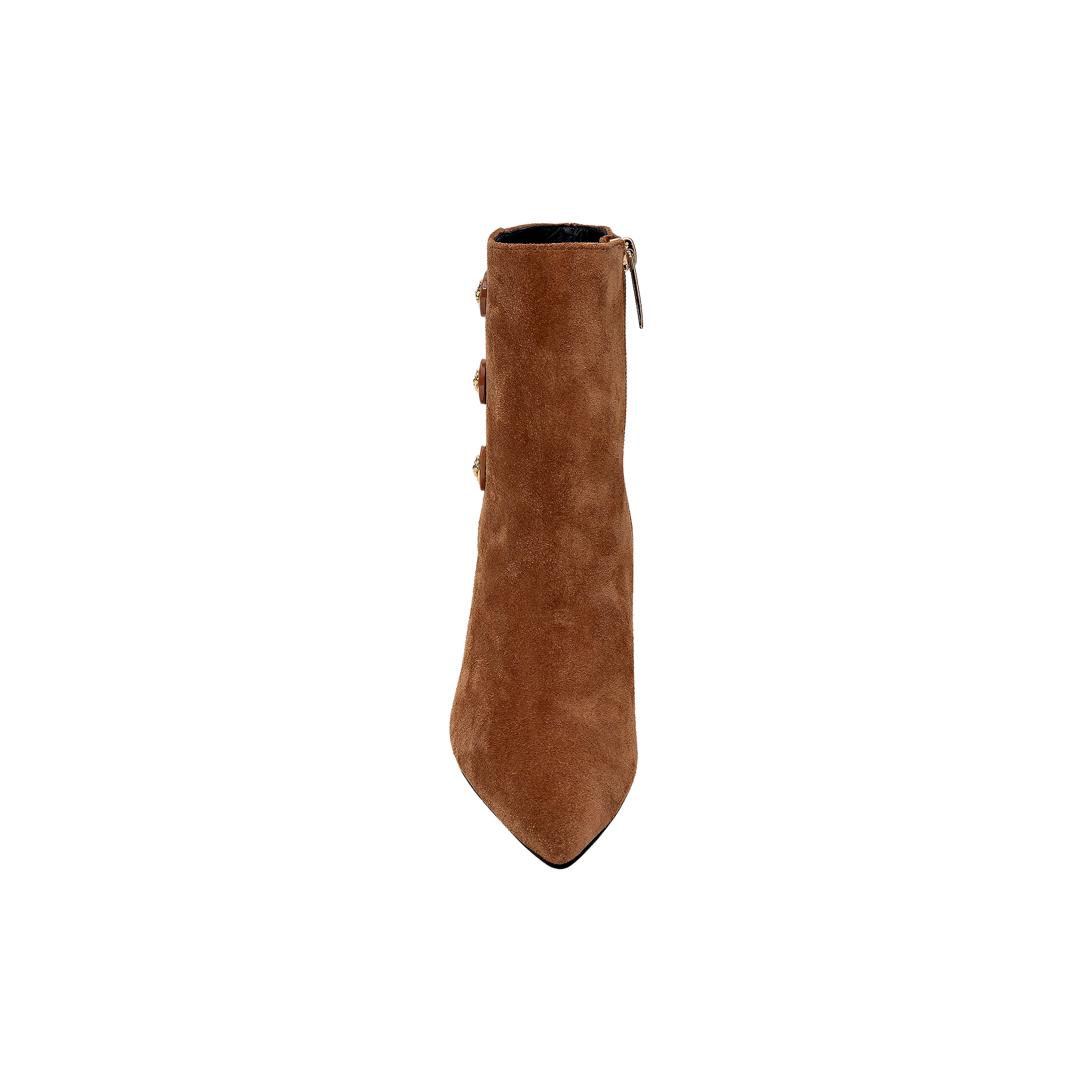 The Theodora Block-Heel Bootie, crafted in brown buckskin suede with a pointed toe, is shown from above against a plain white background, highlighting its side zipper and decorative side buckles.