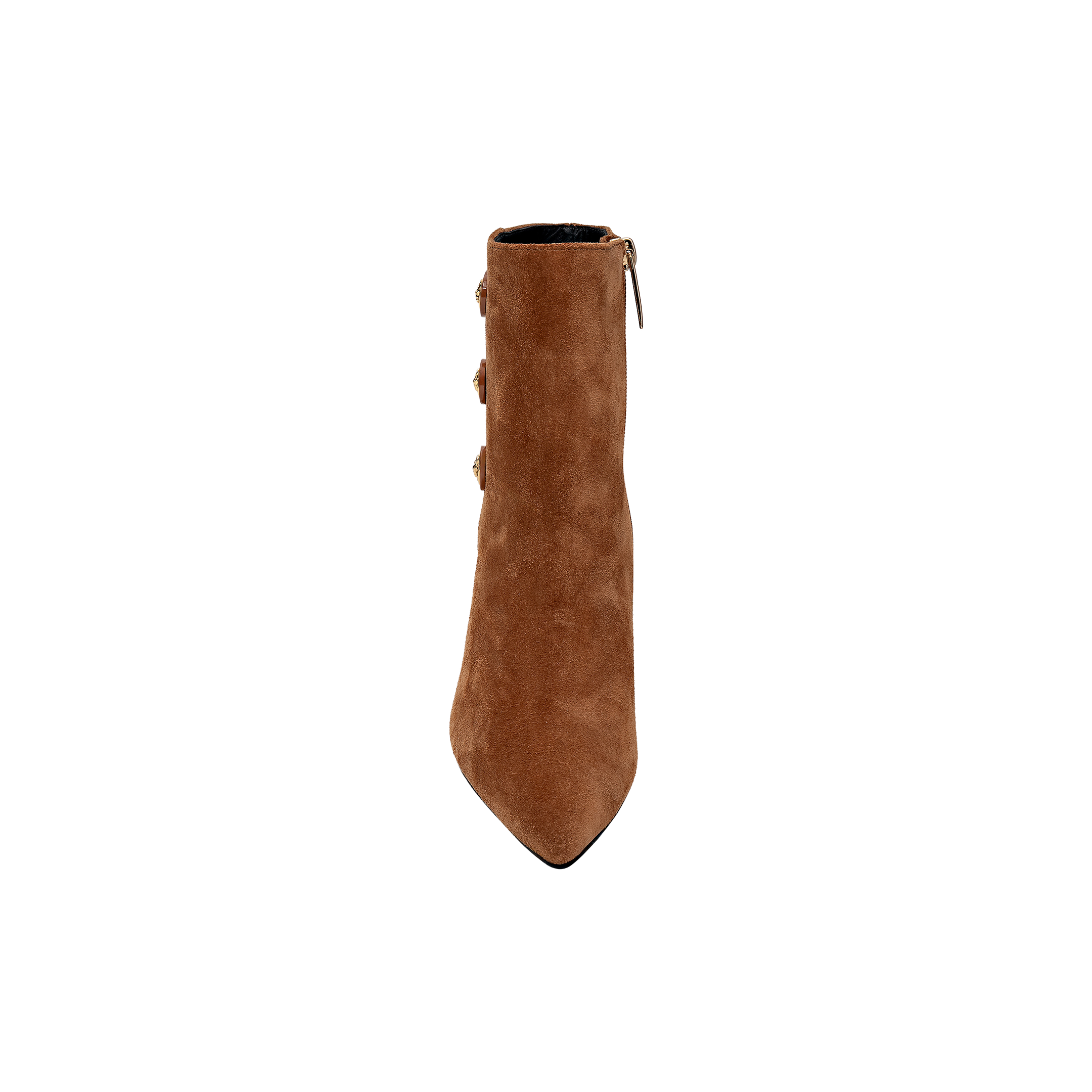 The Theodora Block-Heel Bootie, crafted in brown buckskin suede with a pointed toe, is shown from above against a plain white background, highlighting its side zipper and decorative side buckles.