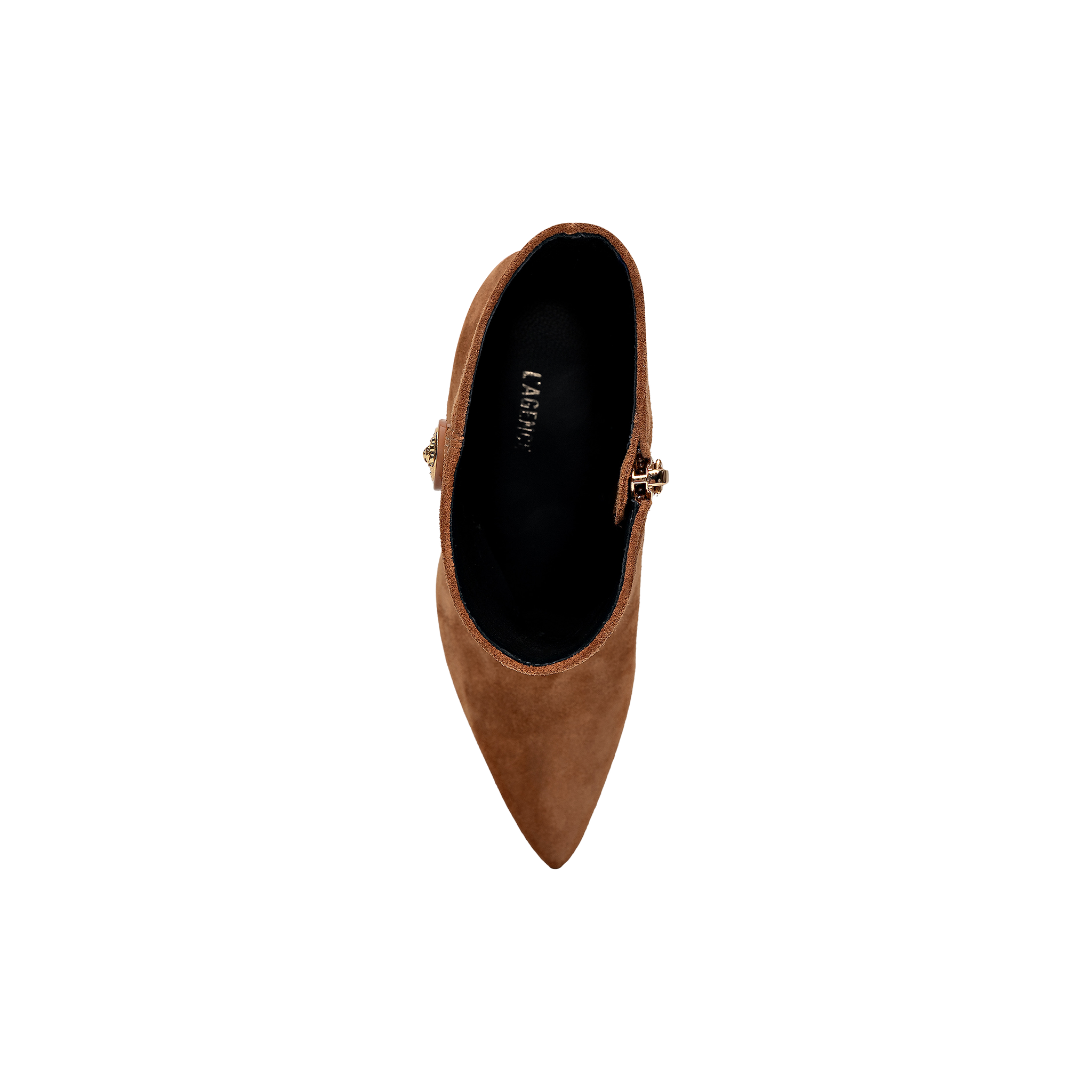 Top view of a single Theodora Block-Heel Bootie in brown buckskin suede, featuring a pointed toe, black interior, and a decorative side buckle, set against a plain white background.