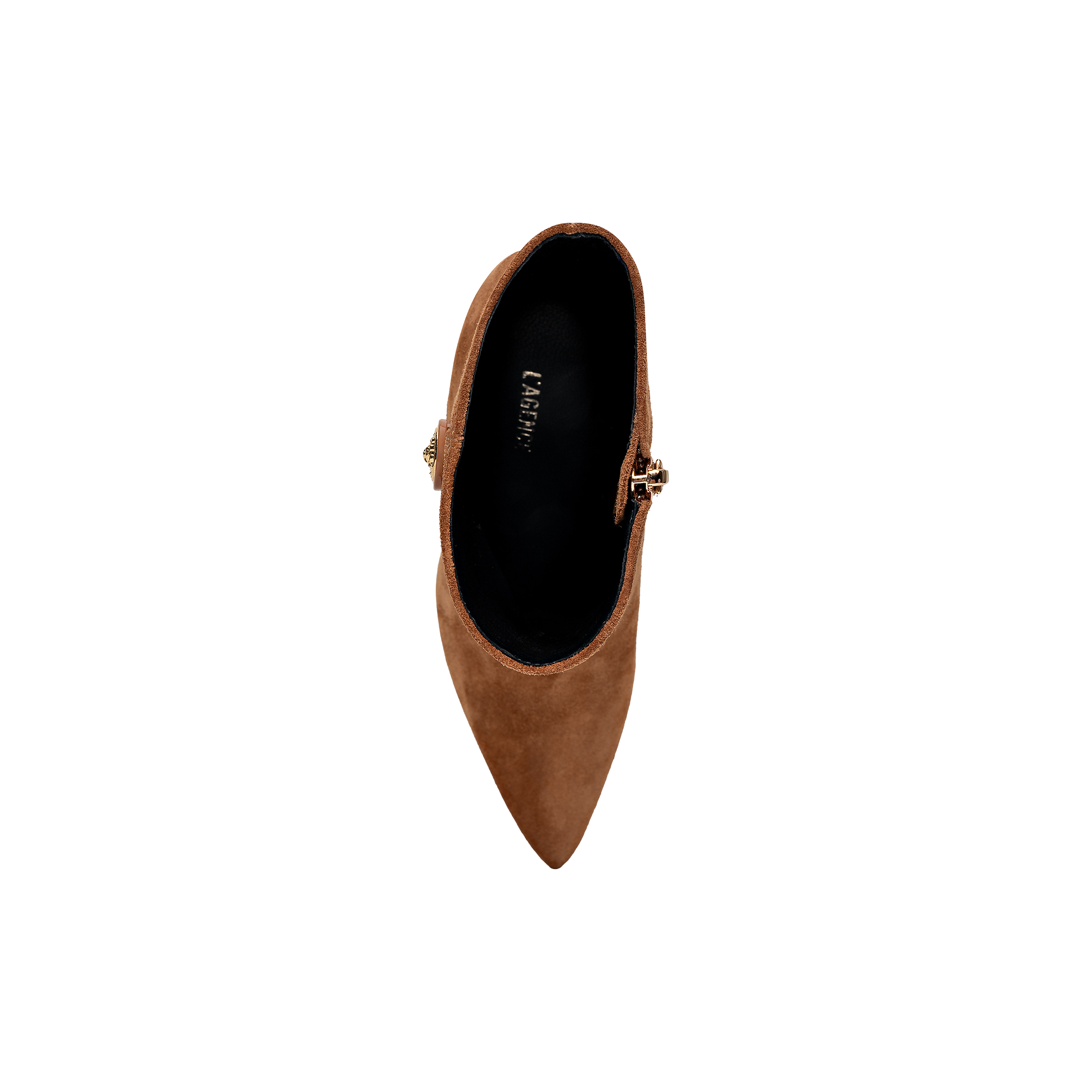 Top view of a single Theodora Block-Heel Bootie in brown buckskin suede, featuring a pointed toe, black interior, and a decorative side buckle, set against a plain white background.
