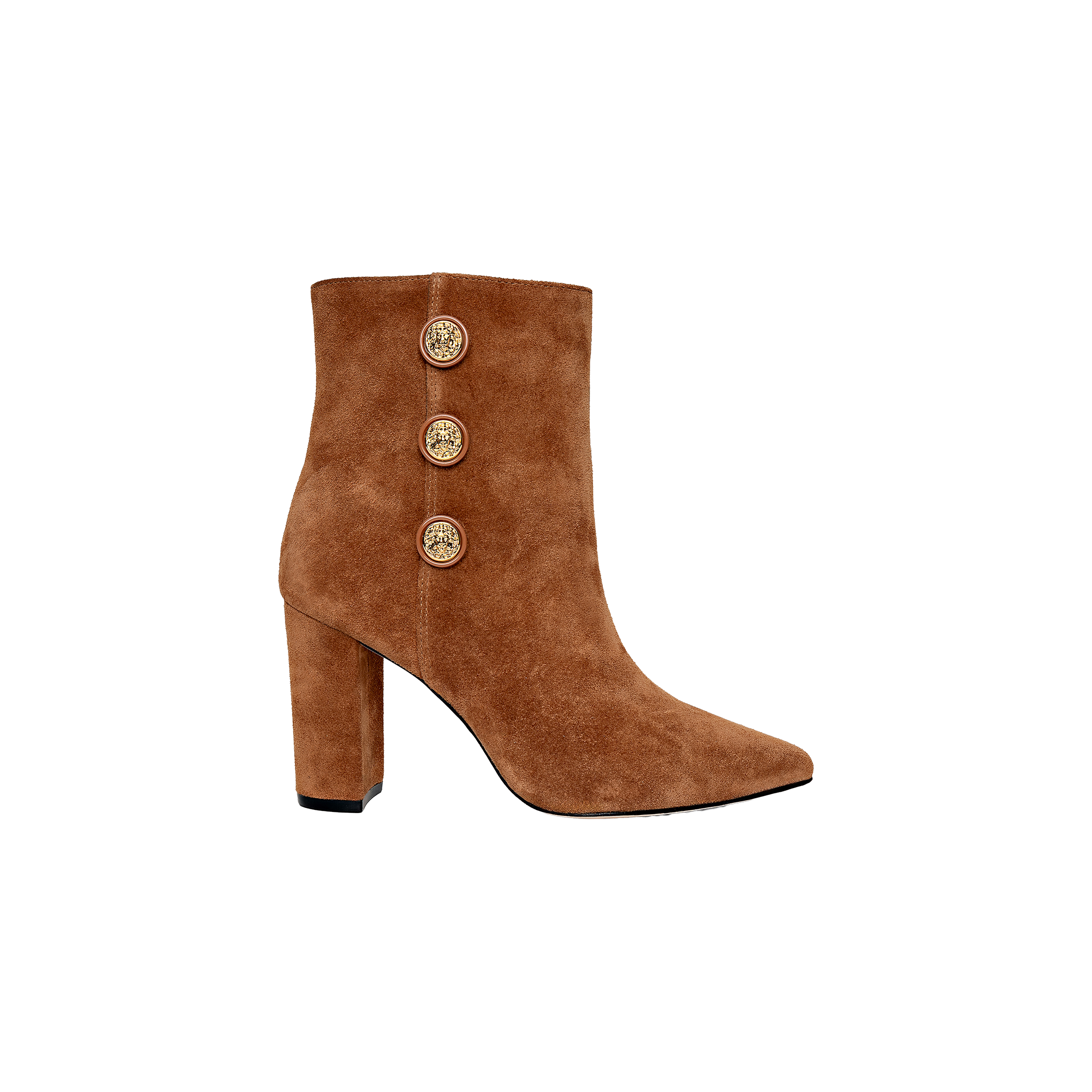 The Theodora Block-Heel Bootie is a brown buckskin suede ankle boot featuring a high block heel, a pointed toe, and three decorative gold buttons along the side. The background is plain white.