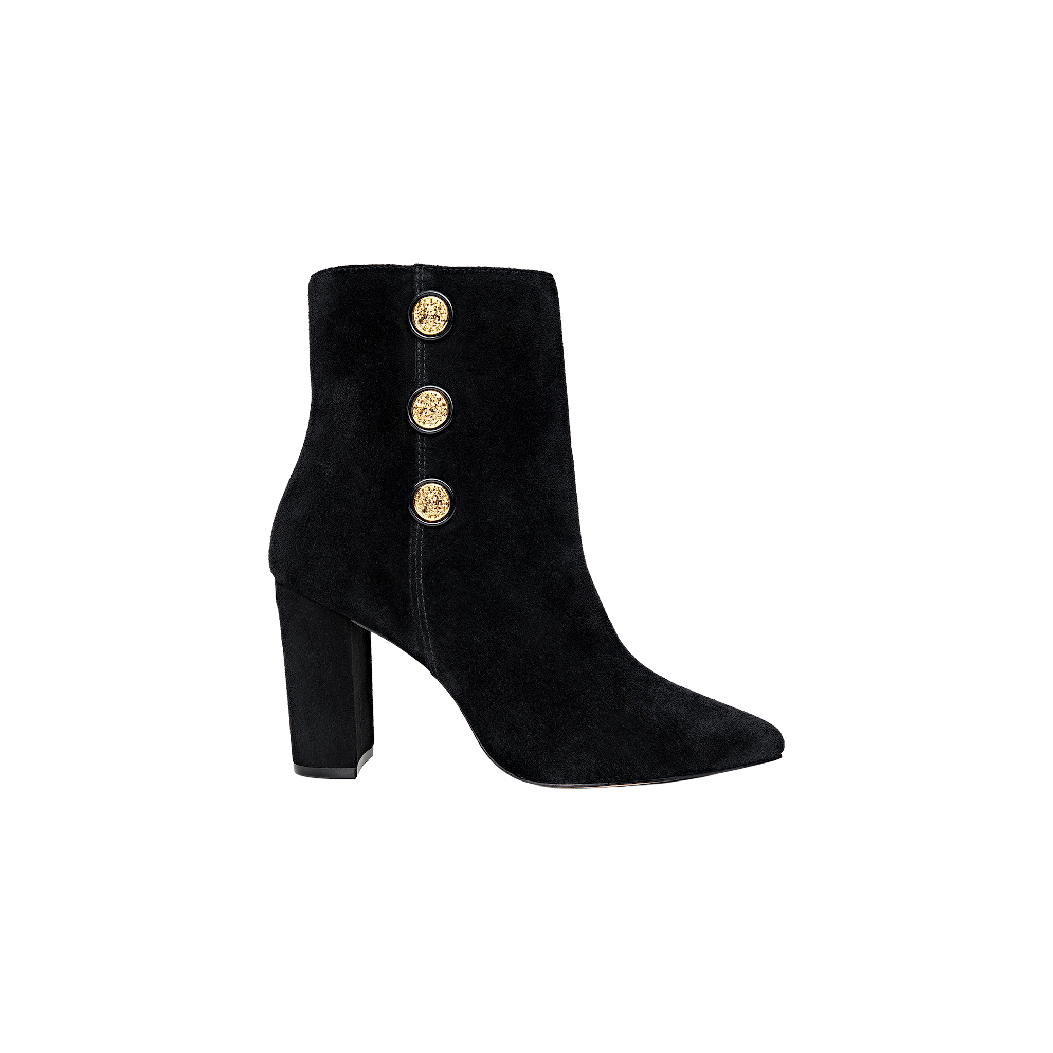 The Theodora Block-Heel Bootie, crafted in black suede with a pointed toe and three gold decorative buttons on the side, is displayed against a plain white background.