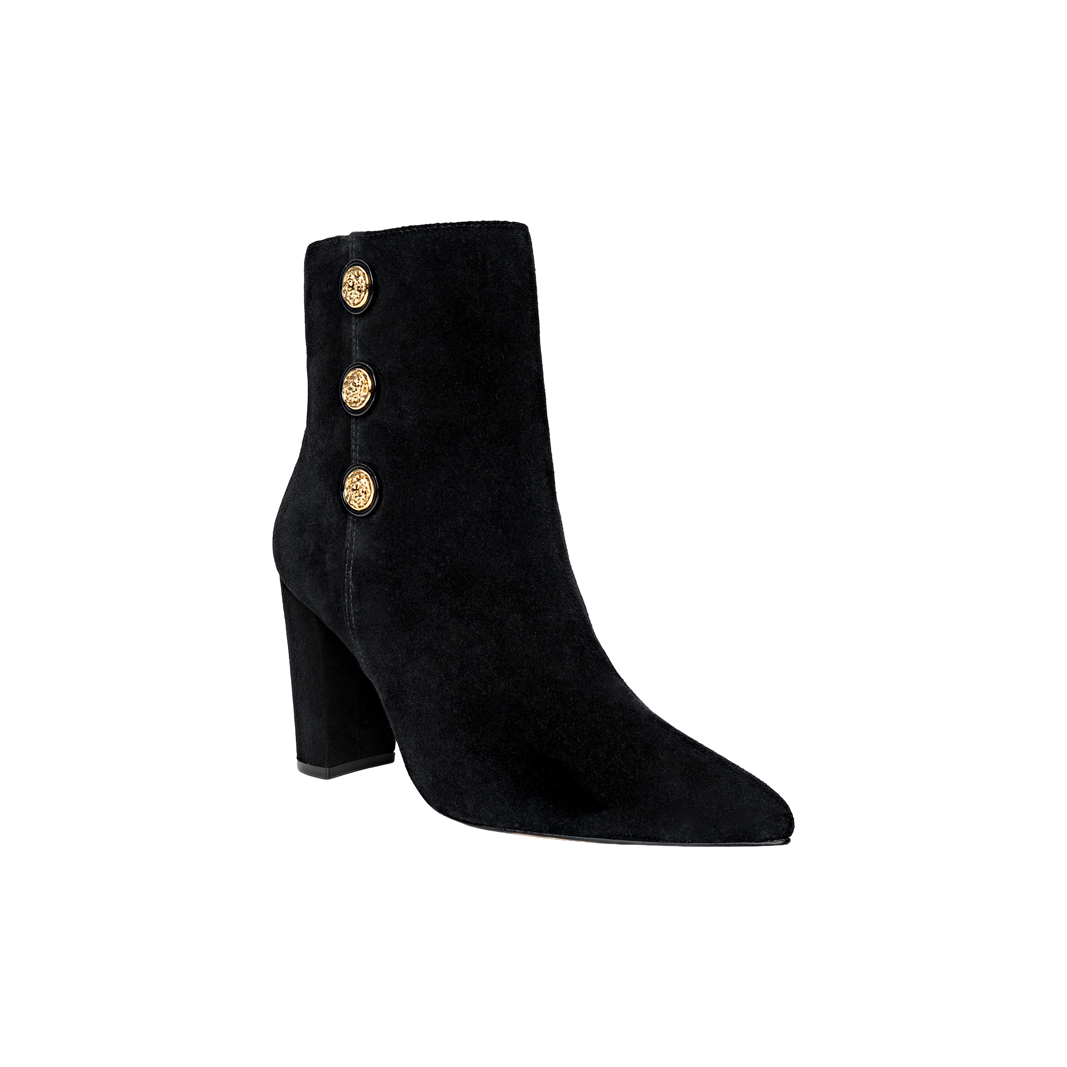 The Theodora Block-Heel Bootie is a black suede ankle boot featuring a pointed toe, block heel, and three decorative gold buttons on the side, shown against a plain white background.