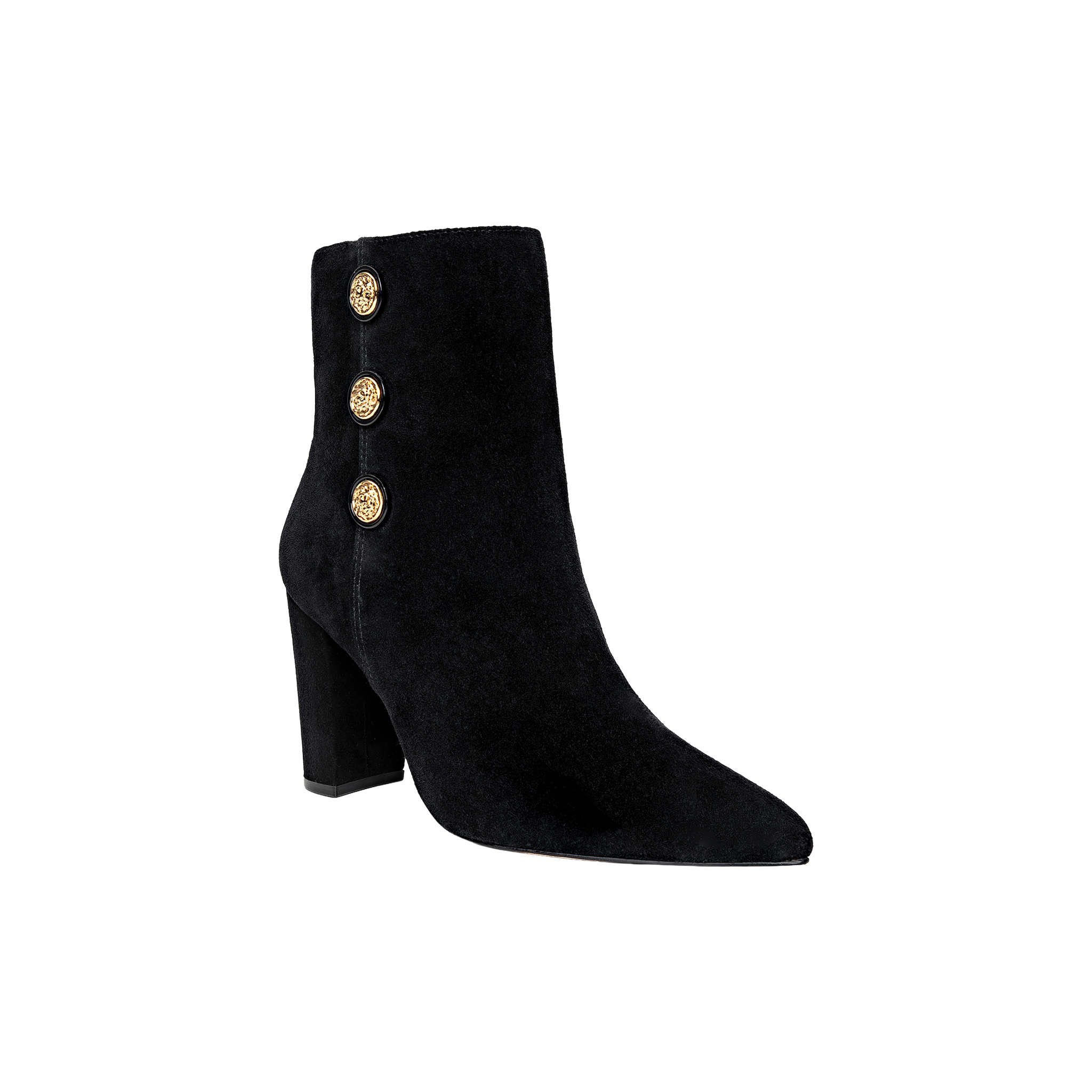 The Theodora Block-Heel Bootie is a black suede ankle boot featuring a pointed toe, block heel, and three decorative gold buttons on the side, shown against a plain white background.