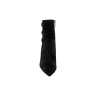 Top view of Theodora Block-Heel Bootie in black suede, featuring a pointed toe and three decorative side buttons, displayed on a plain white background. This chic bootie pairs sleek style with elegant detailing.