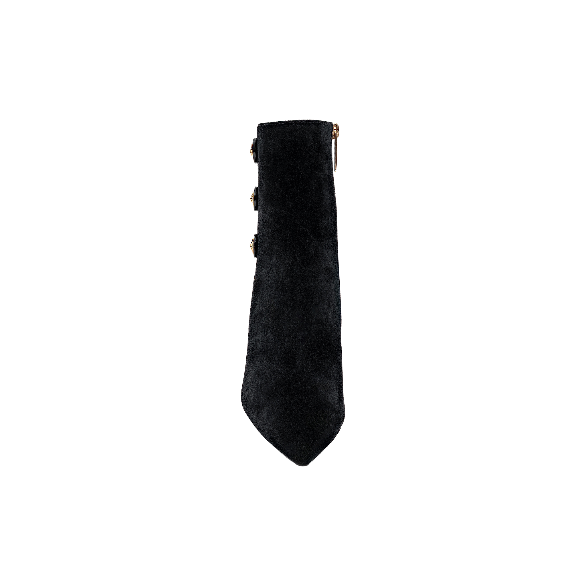 Top view of Theodora Block-Heel Bootie in black suede, featuring a pointed toe and three decorative side buttons, displayed on a plain white background. This chic bootie pairs sleek style with elegant detailing.