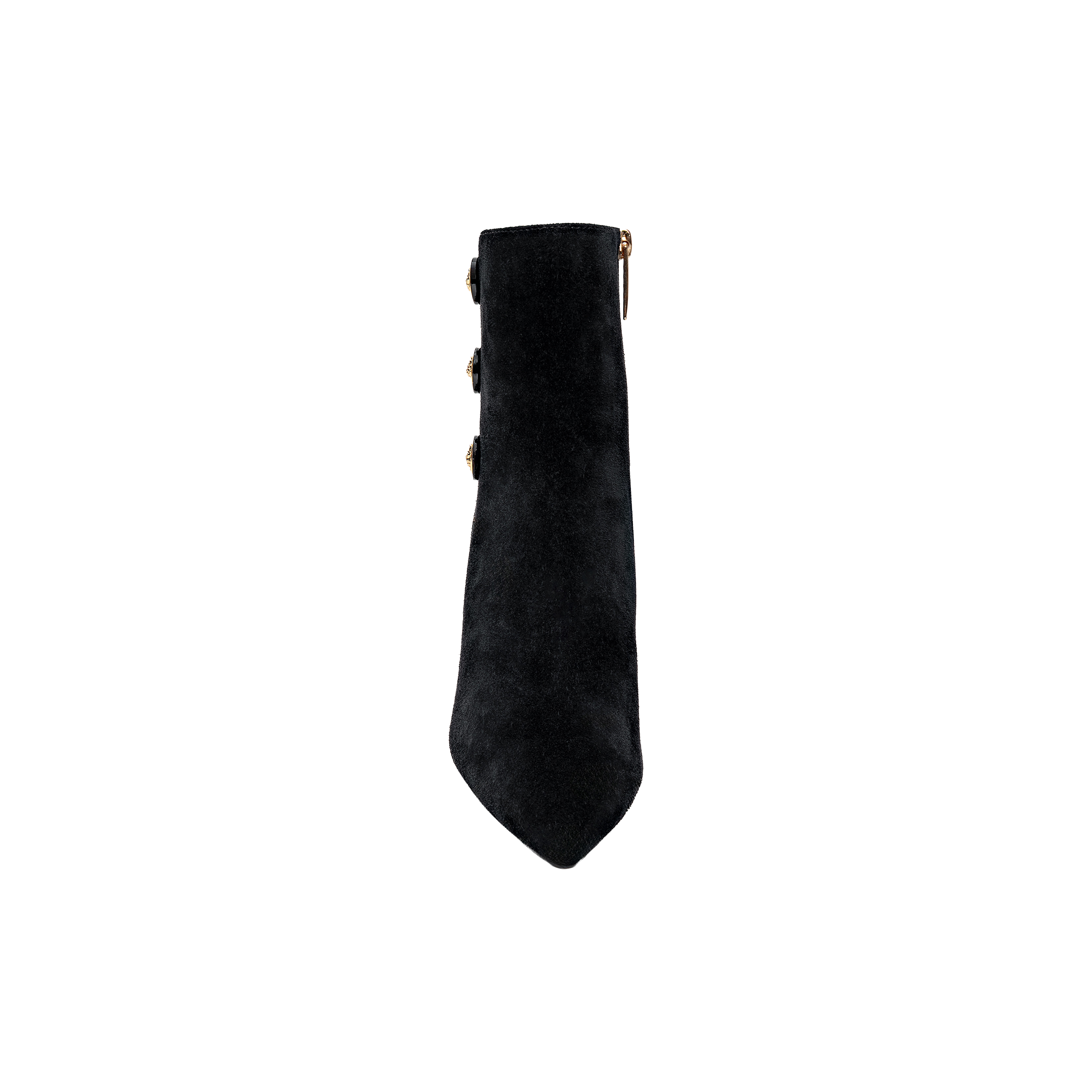 Top view of Theodora Block-Heel Bootie in black suede, featuring a pointed toe and three decorative side buttons, displayed on a plain white background. This chic bootie pairs sleek style with elegant detailing.