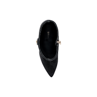 Top view of the Theodora Block-Heel Bootie in black suede, featuring a pointed toe and gold buckle detail on the side, displayed on a plain white background.